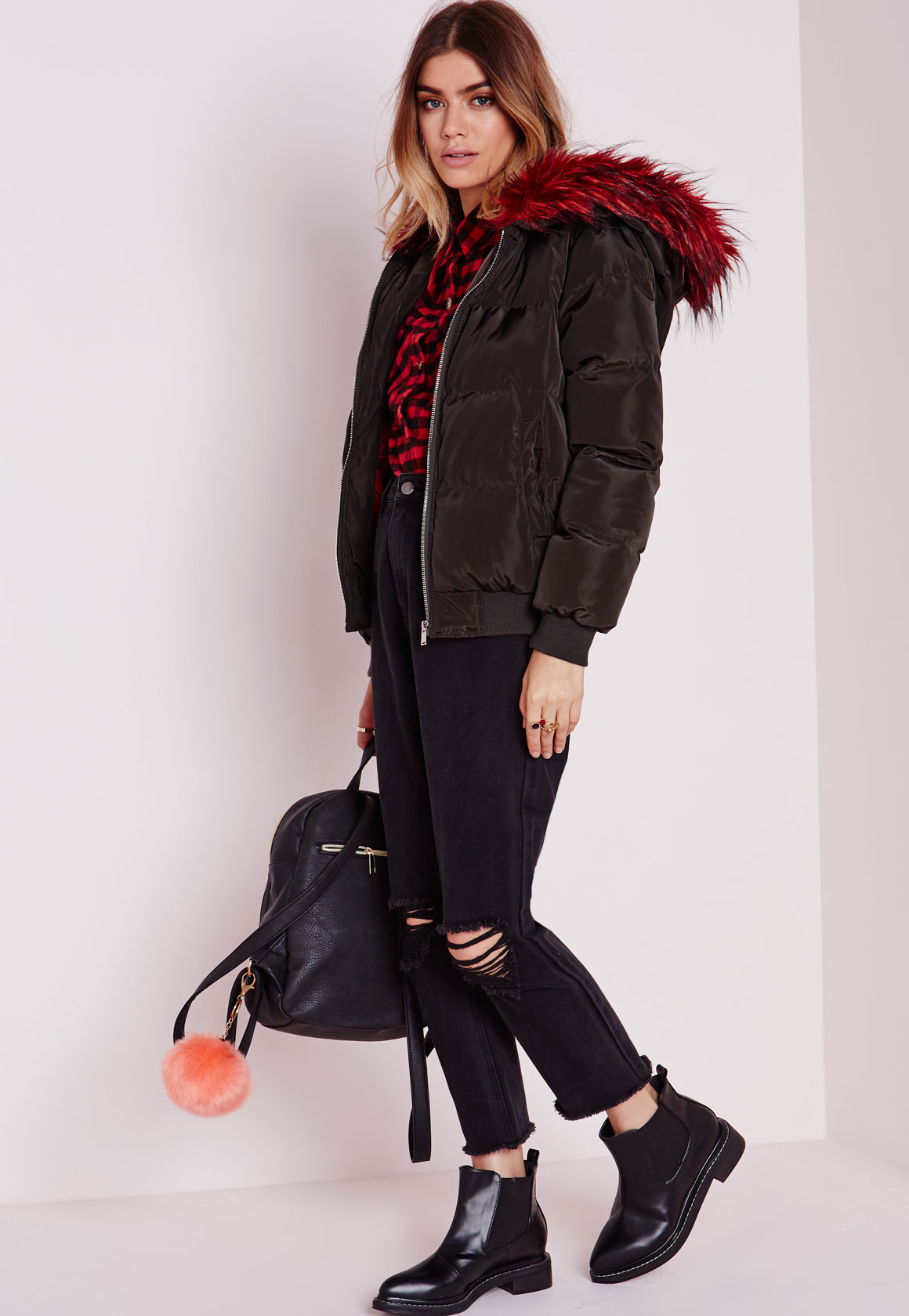 padded bomber jacket with fur hood