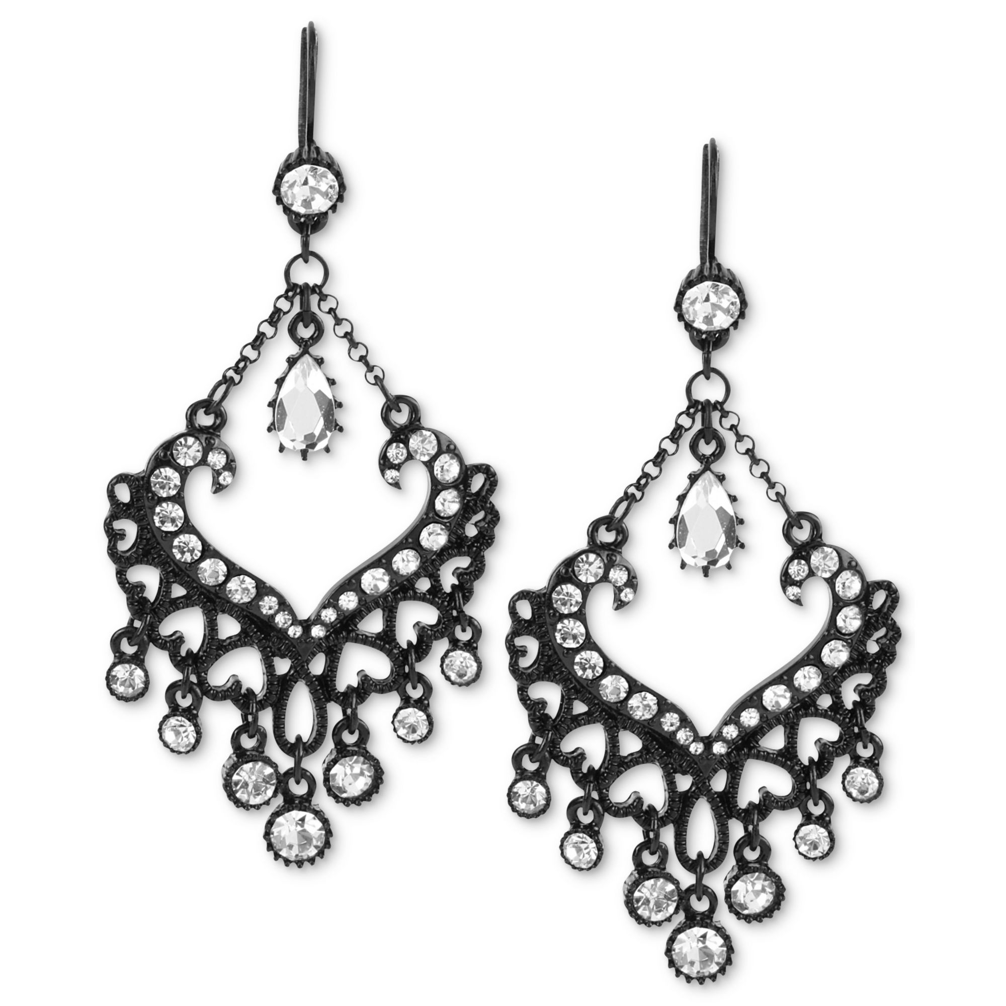 Lyst Betsey Johnson Blackplated Crystal Heart Chandelier Earrings Gallery