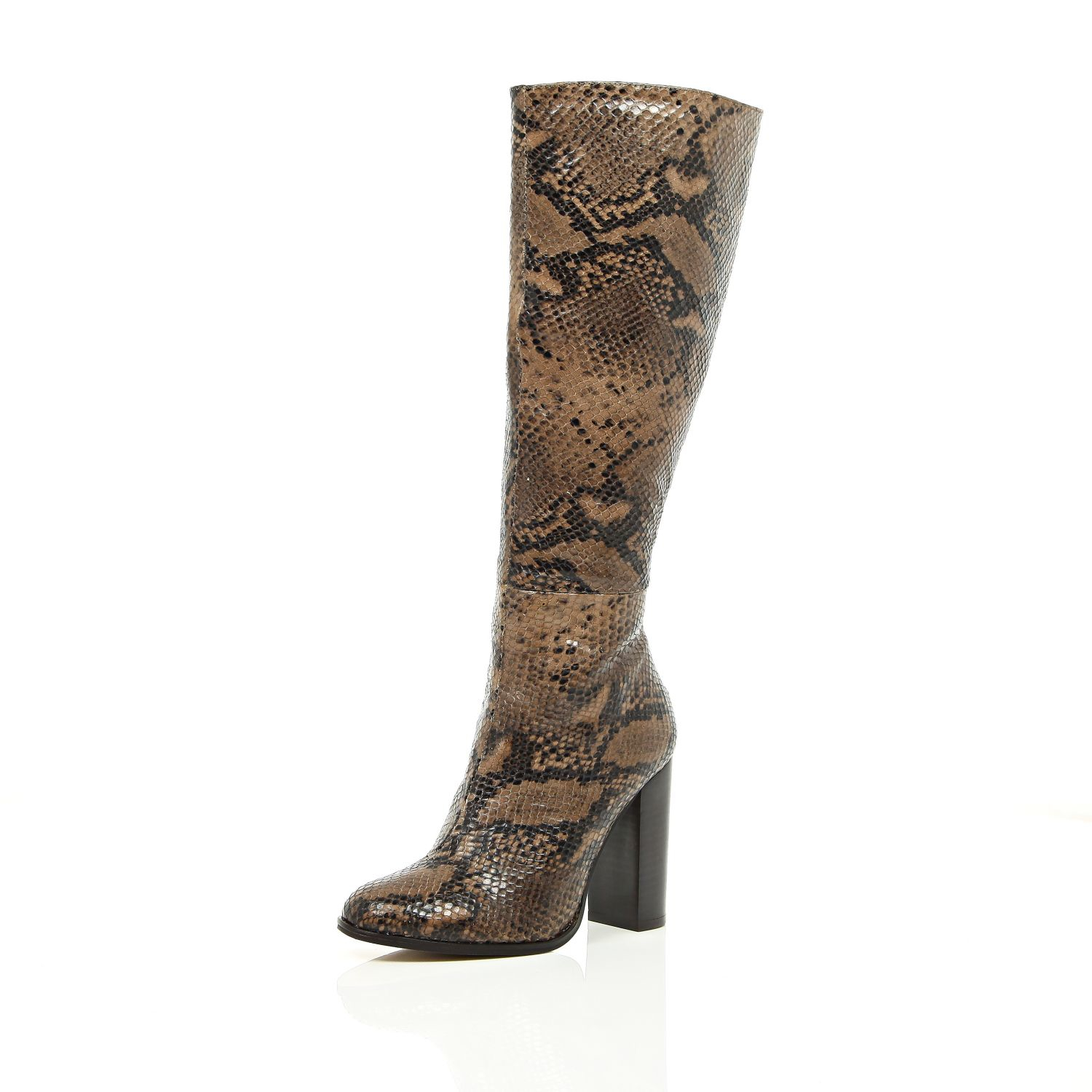 River Island Leather Beige Snake Print Knee High Heeled Boots in ...