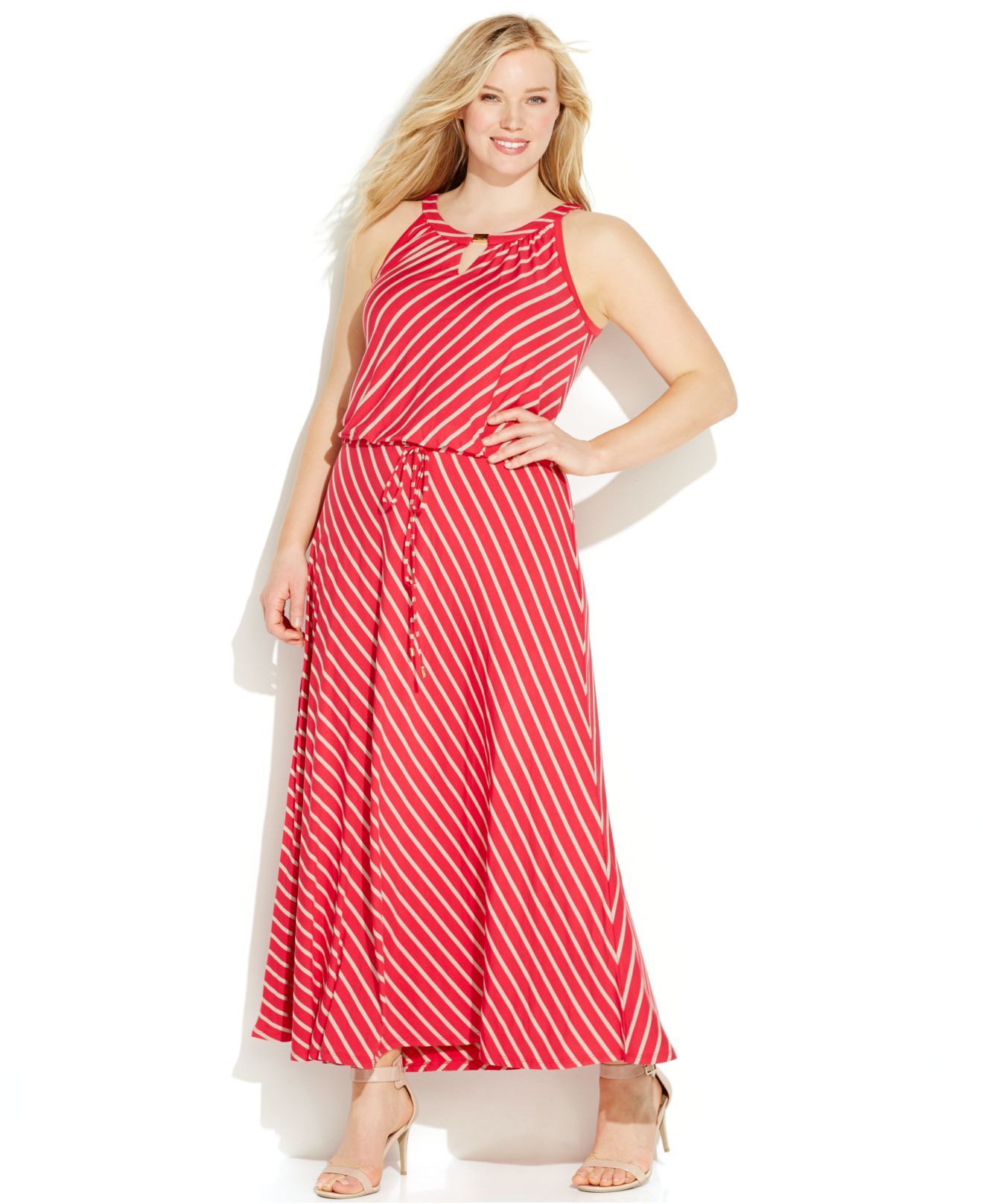 Calvin Klein Plus Size Striped Keyhole Maxi Dress in Red (Watermelon ...