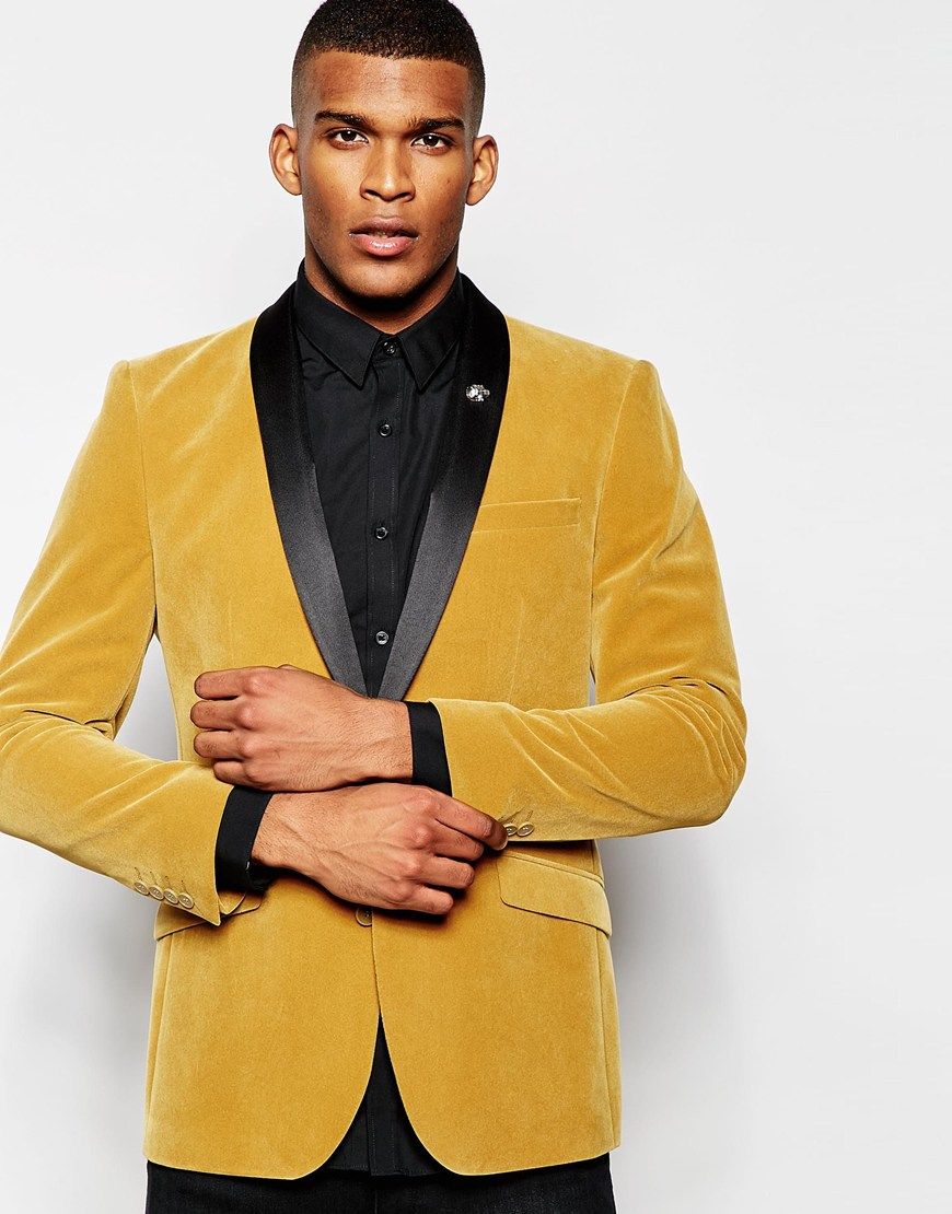 ASOS Skinny Blazer In Velvet in Camel (Yellow) for Men Lyst