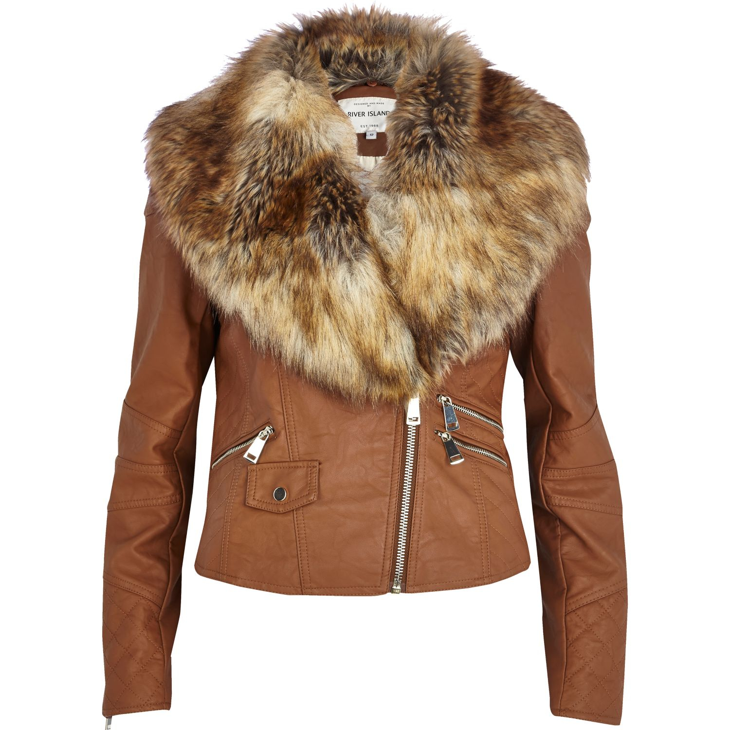 Tan Faux Fur Collar Biker Jacket