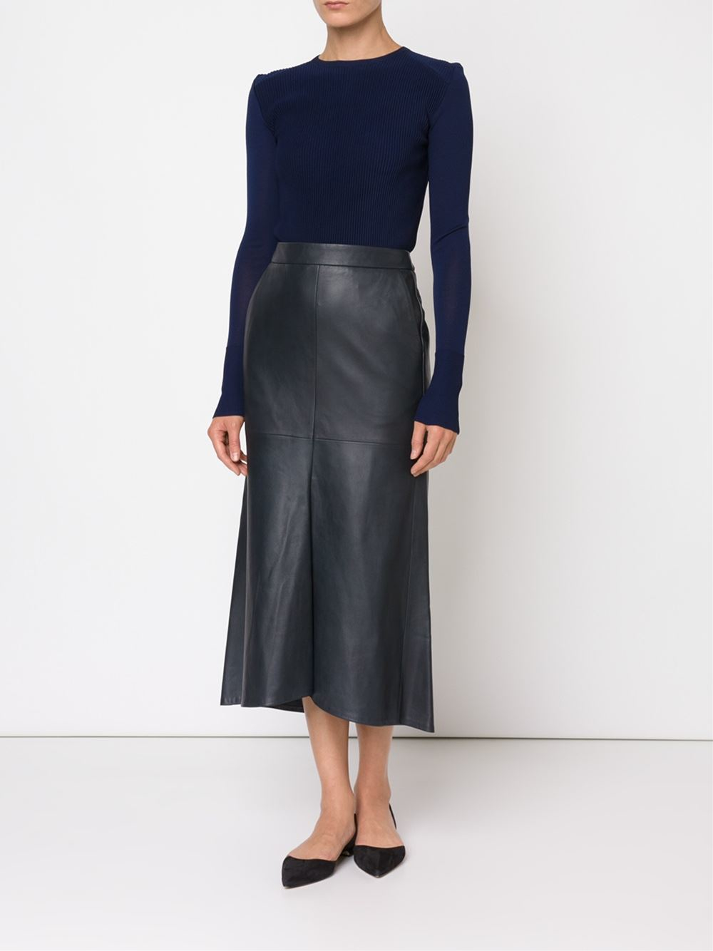 Tibi Leather Inverted Front Pleat Skirt in Black - Lyst