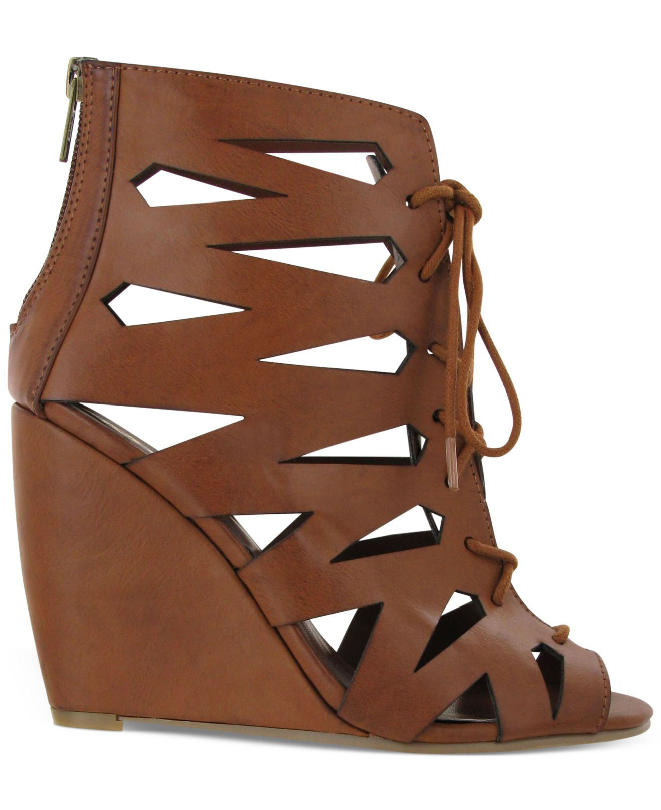 MIA Juna Caged Lace-Up Wedge Sandals in Cognac (Brown) - Lyst