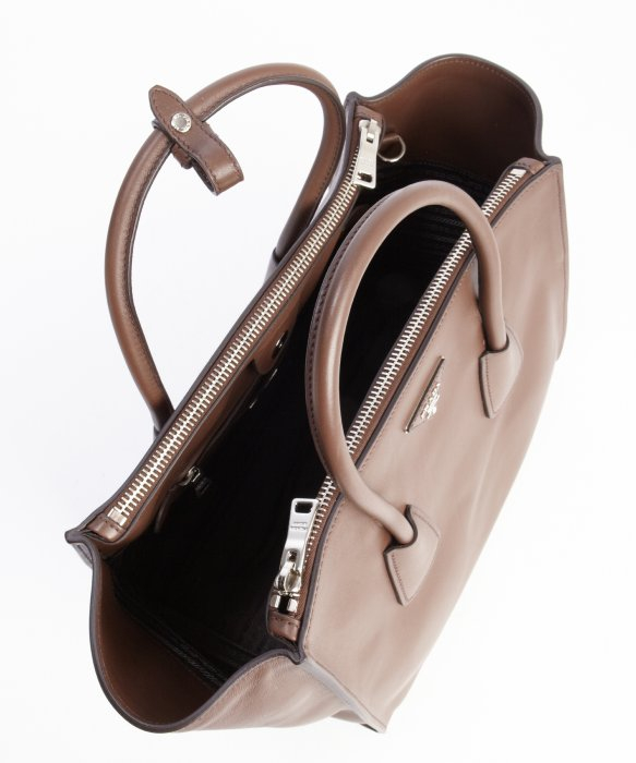 Prada Cocoa Leather Logo Stamp Convertible Top Handle Tote in ...