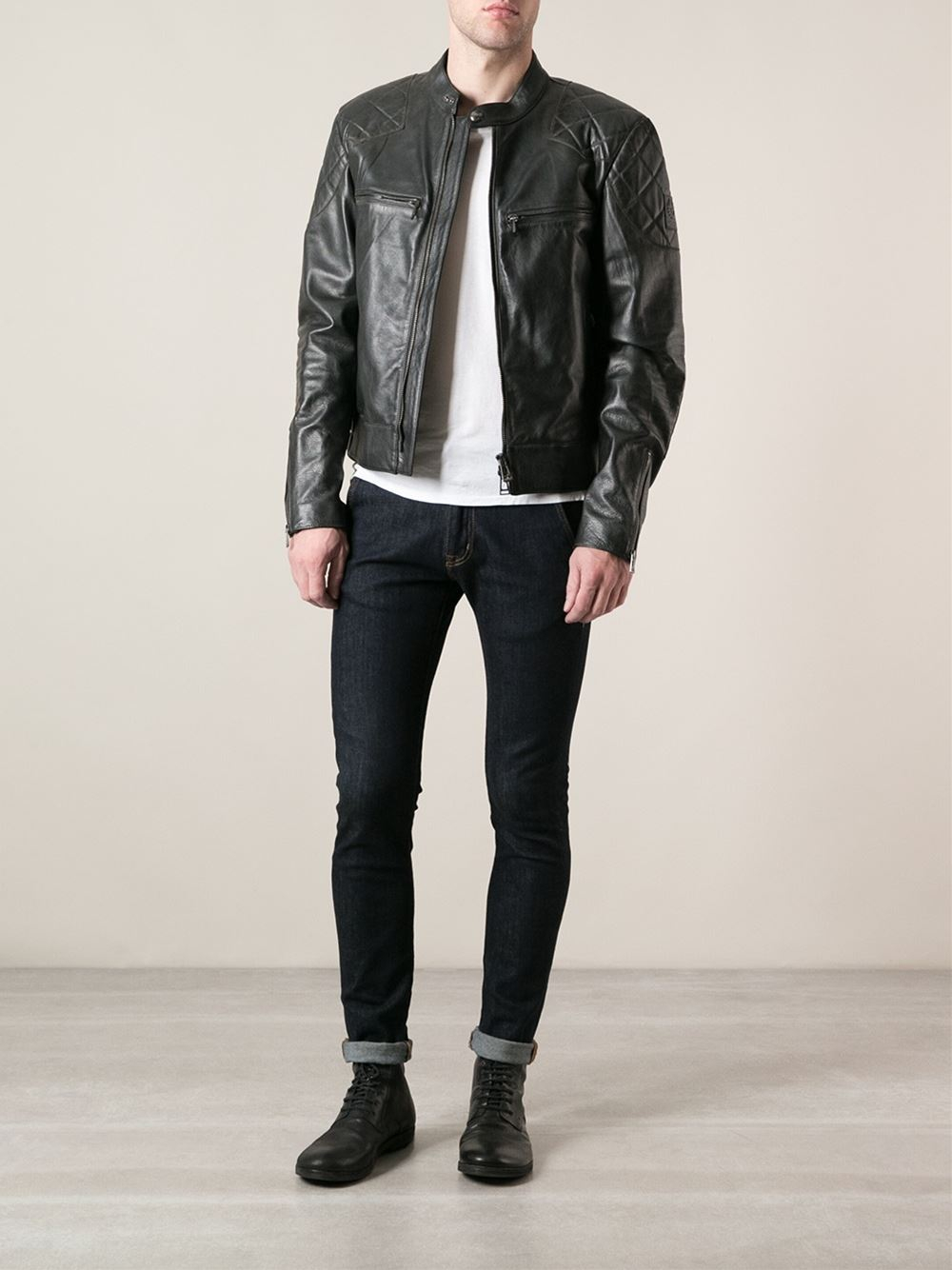 band collar leather jacket