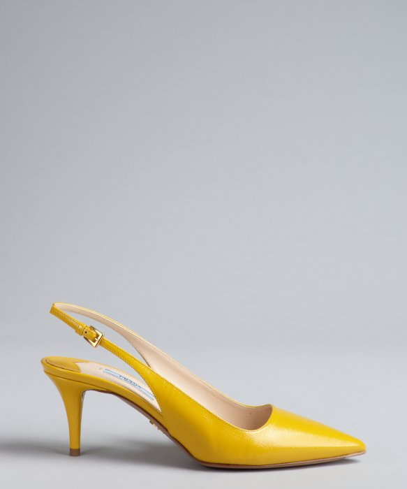 Prada Dandelion Textured Patent Leather Slingback Pumps in Yellow ...  