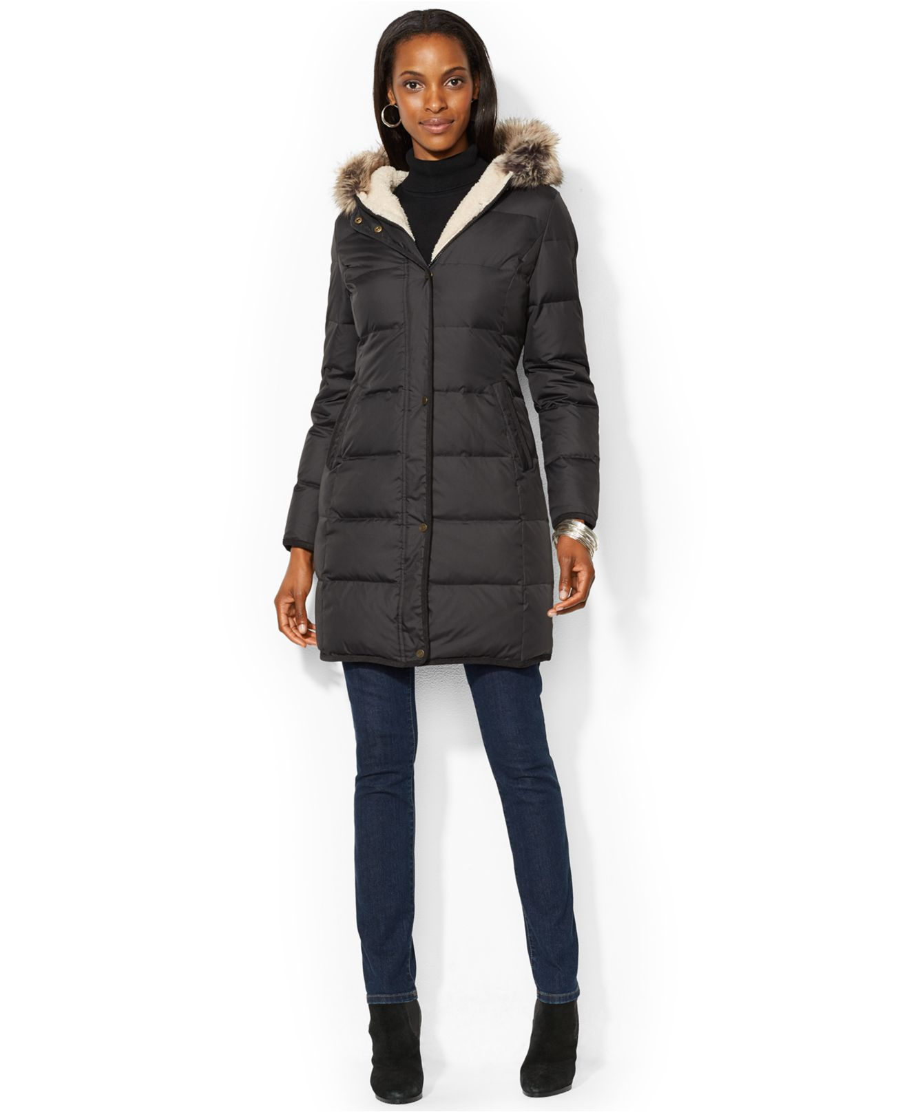 Lauren by Ralph Lauren Faux-Fur-Trim Hooded Down Puffer Coat in Black - Lyst