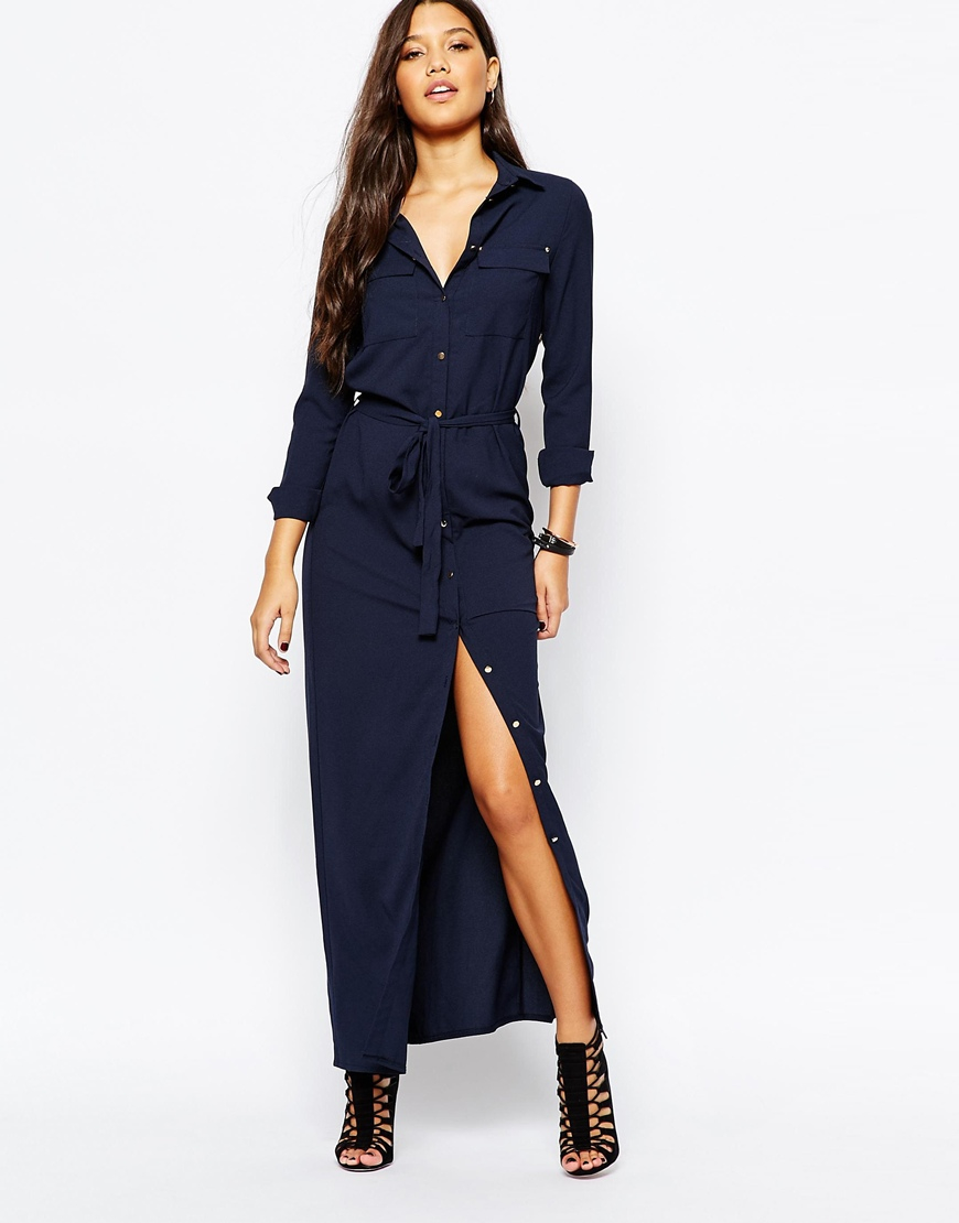 Missguided Belted Maxi Shirt Dress in Blue | Lyst