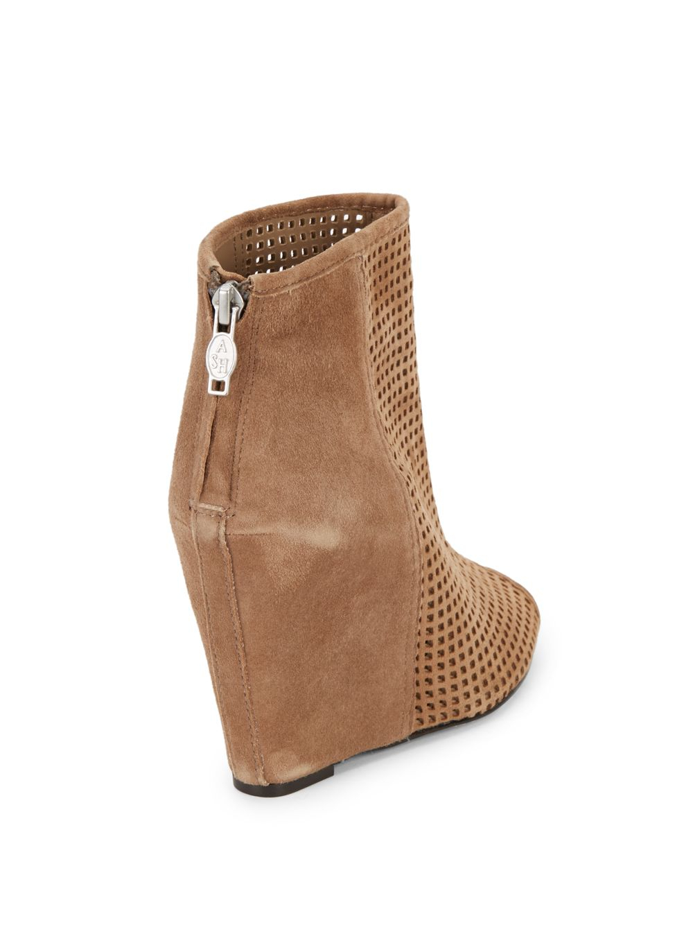 Ash June Perforated Suede Peep-Toe Wedge Ankle Boot in Brown | Lyst