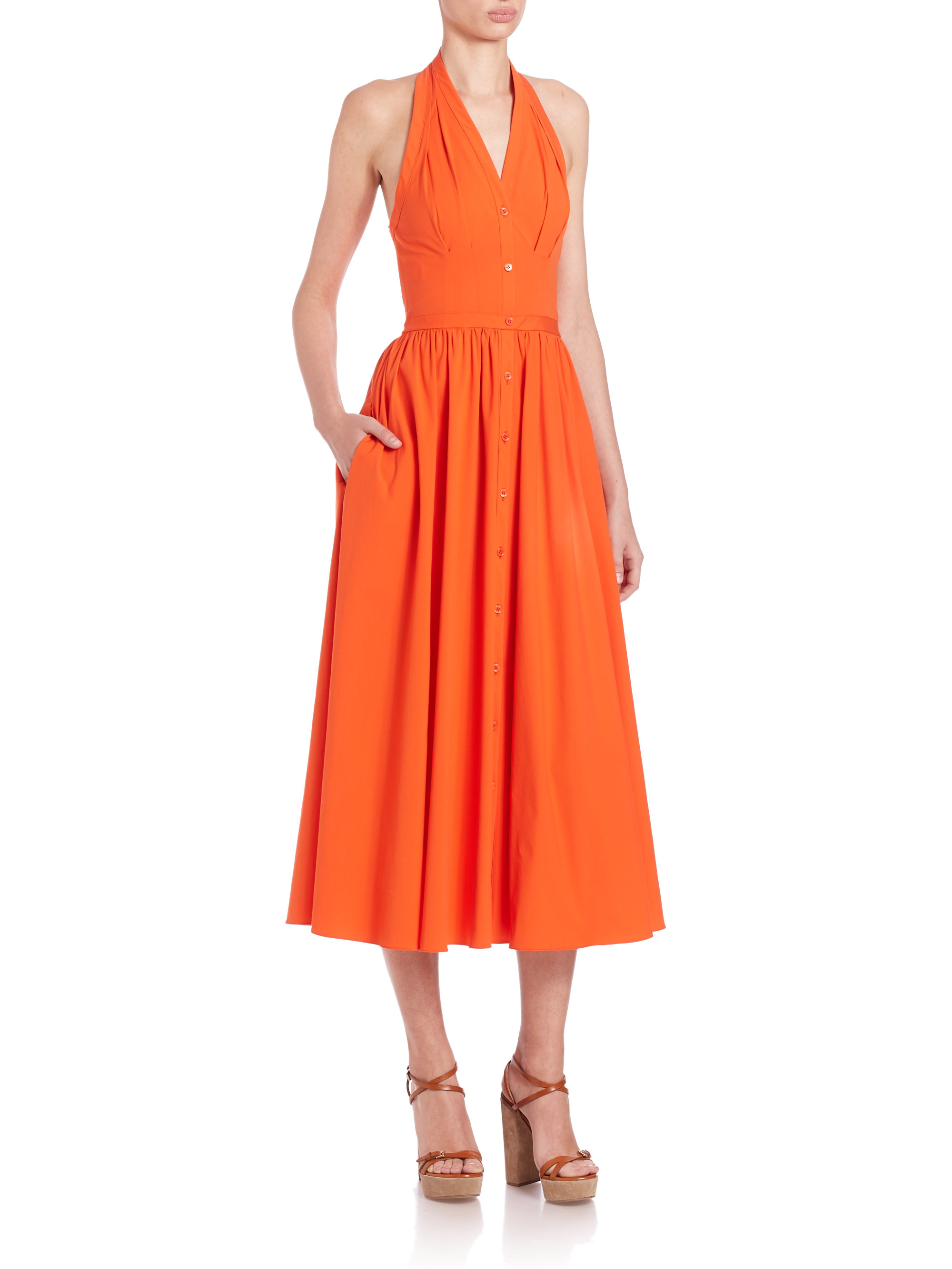Michael Kors Cotton Poplin Halter Dress in Orange | Lyst