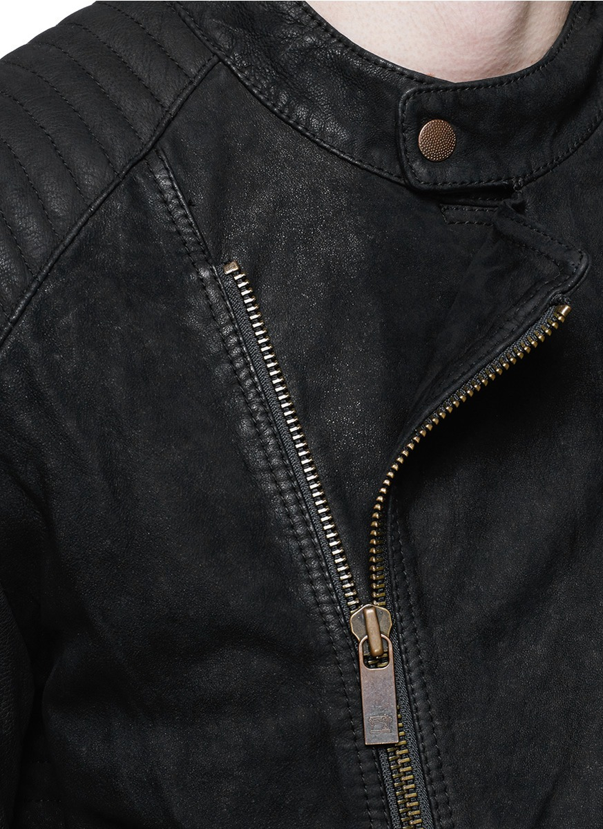 Scotch Soda Black Quilted Shoulder Leather Biker Jacket For Men