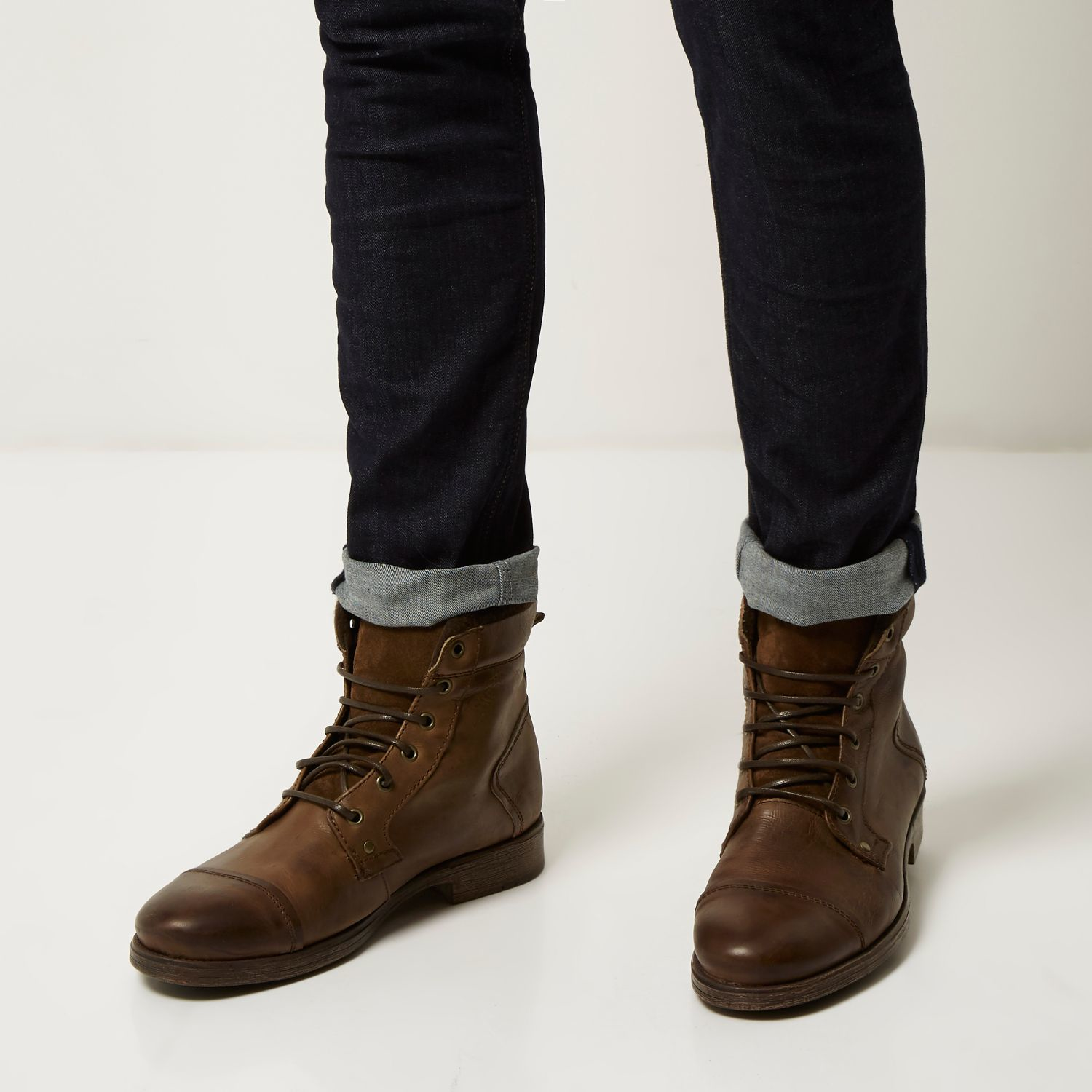 River Island Dark Brown Leather Utility Boots for Men - Lyst