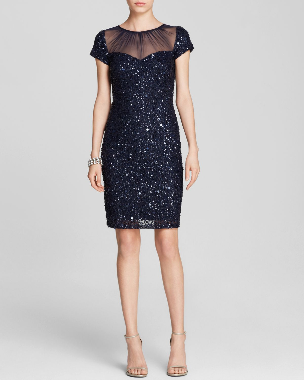Adrianna Papell Dress Cap Sleeve Illusion Neck Sequin Sheath in Blue (Navy)