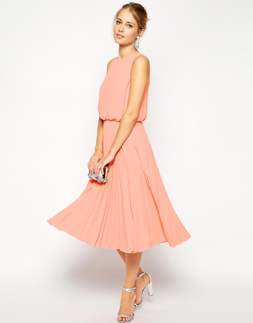 Asos Midi Skater Dress With Pleated Skirt And Blouson Top in Orange | Lyst