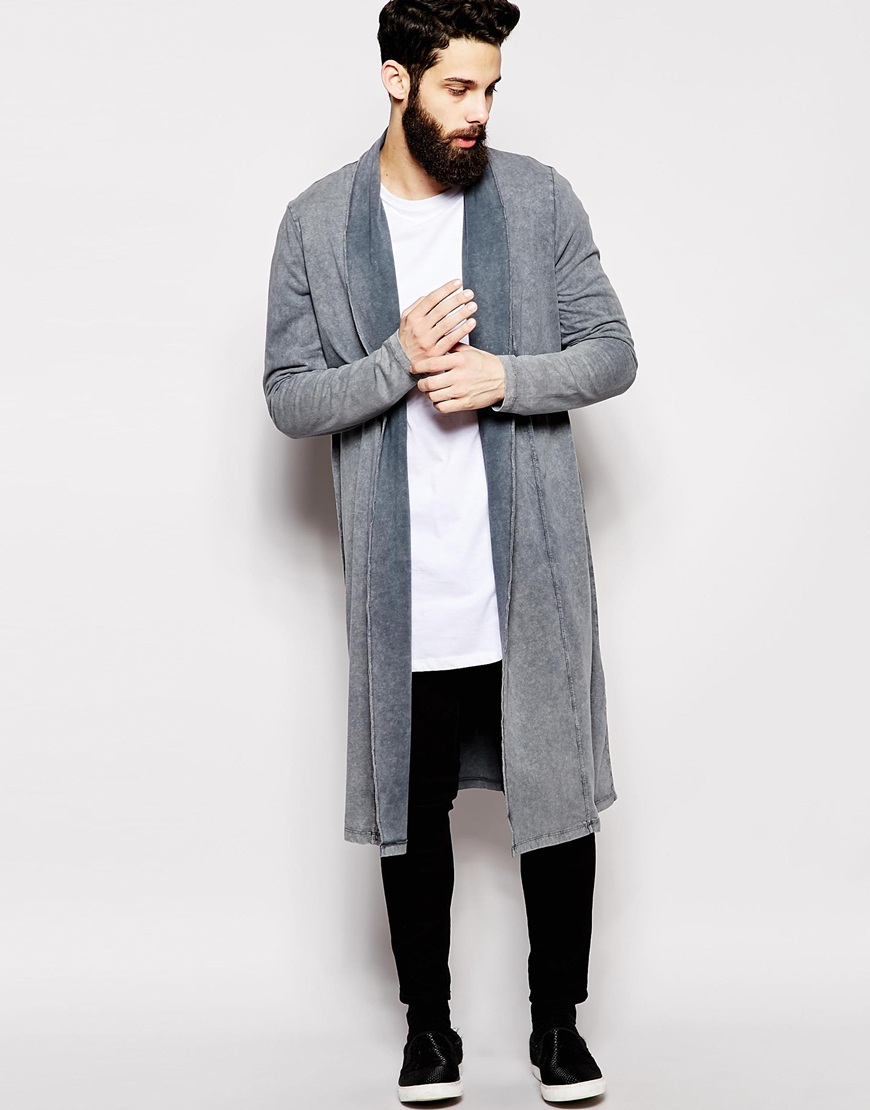 Asos Extreme Longline Shawl Cardigan With Acid Wash in Gray for Men | Lyst