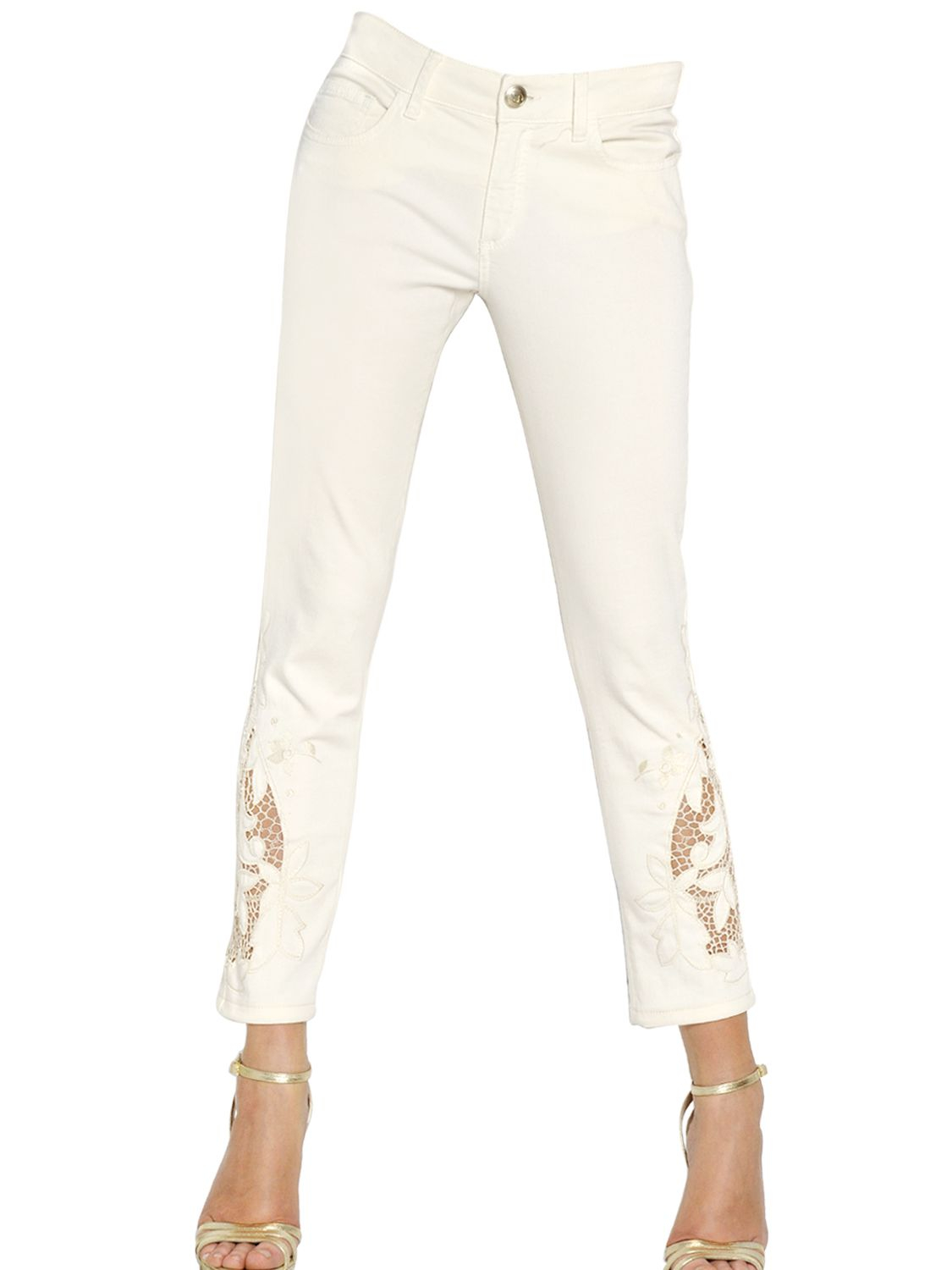 Lyst - Blumarine Lace Insert Cotton Denim Jeans in White