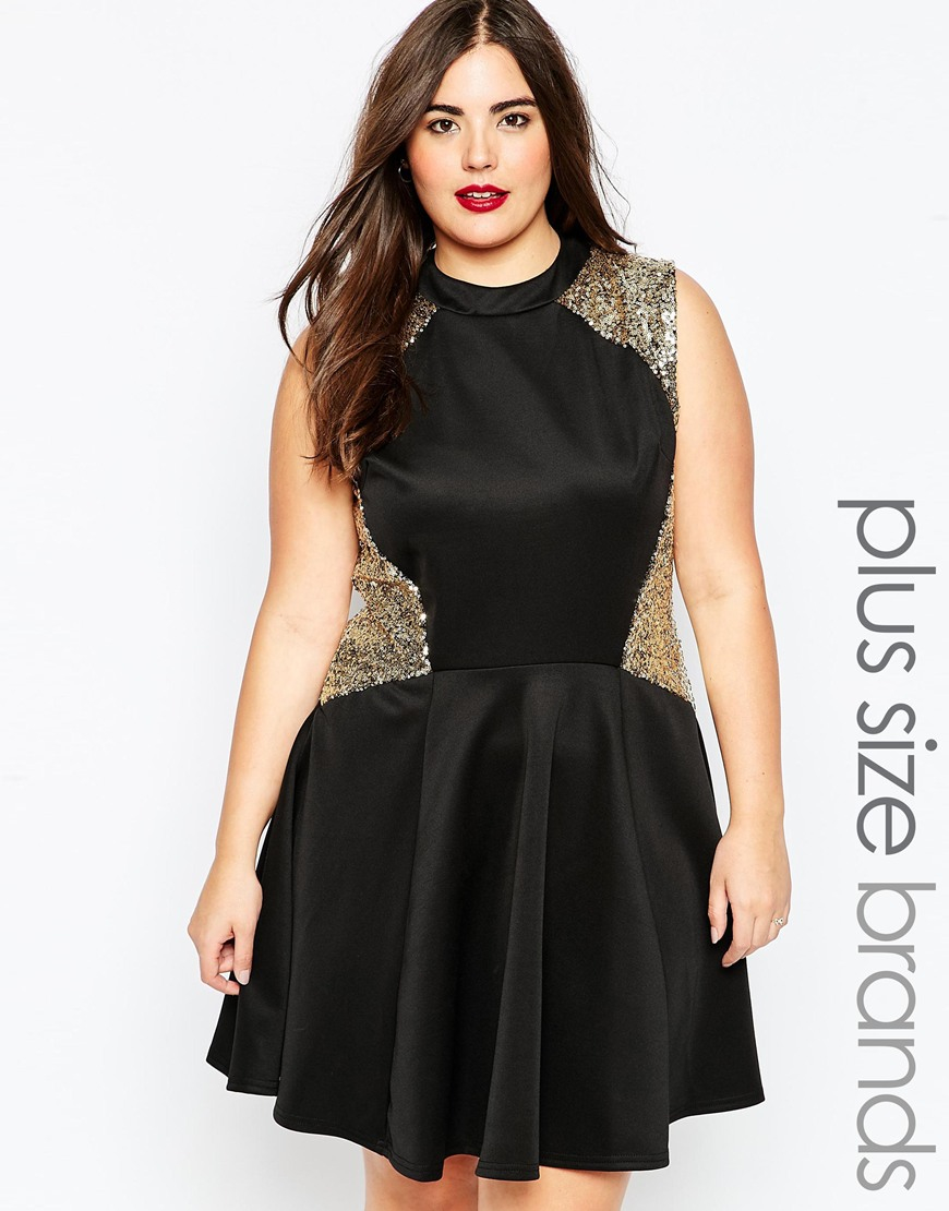 Club l Plus Size Skater Dress With Sequin Inserts in Gold (Black) | Lyst
