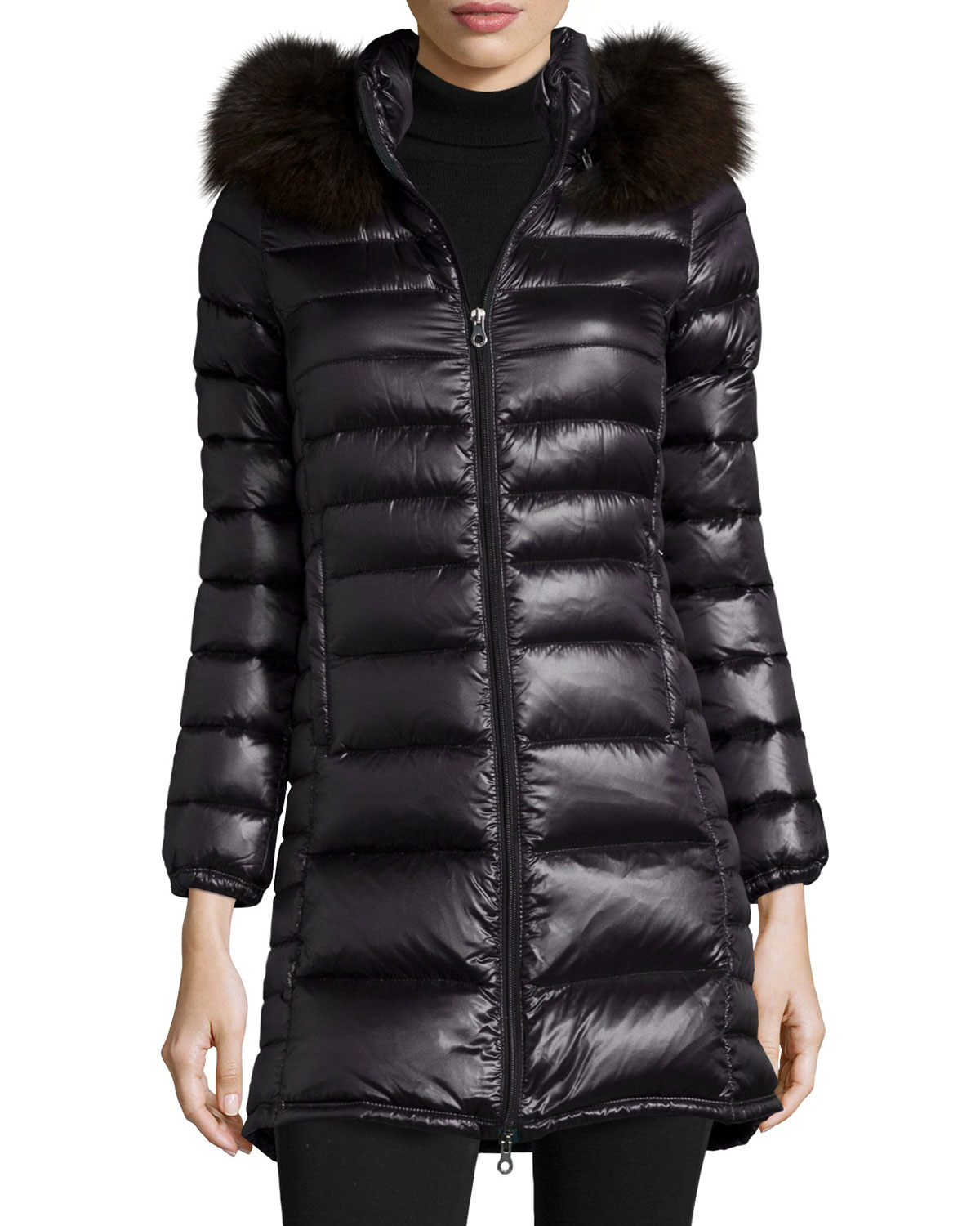 black fitted coat with fur hood