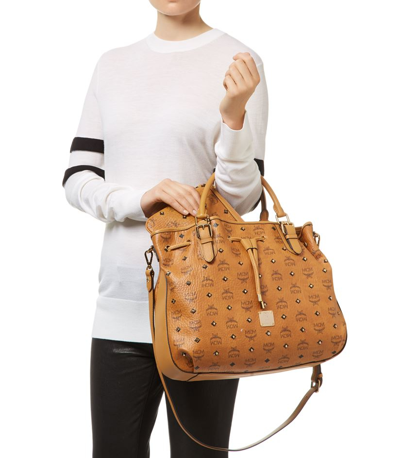 mcm gold visetos drawstring medium cognac