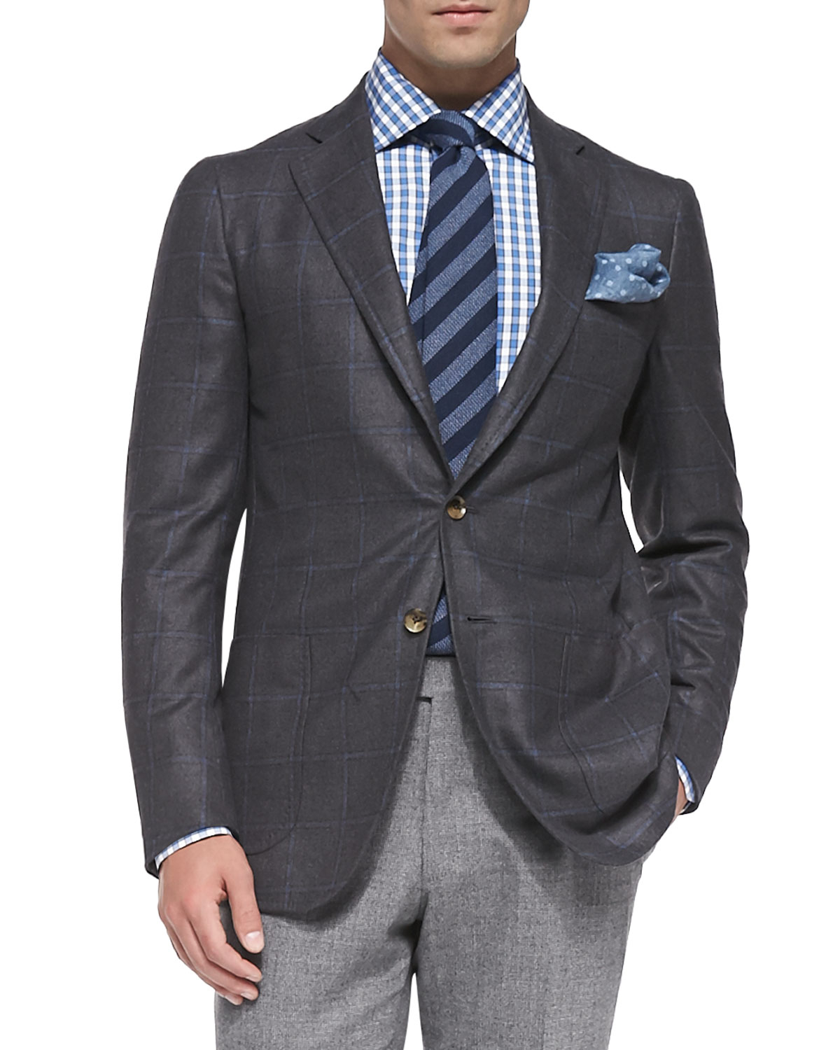 Isaia Windowpane Two-button Jacket in Gray for Men