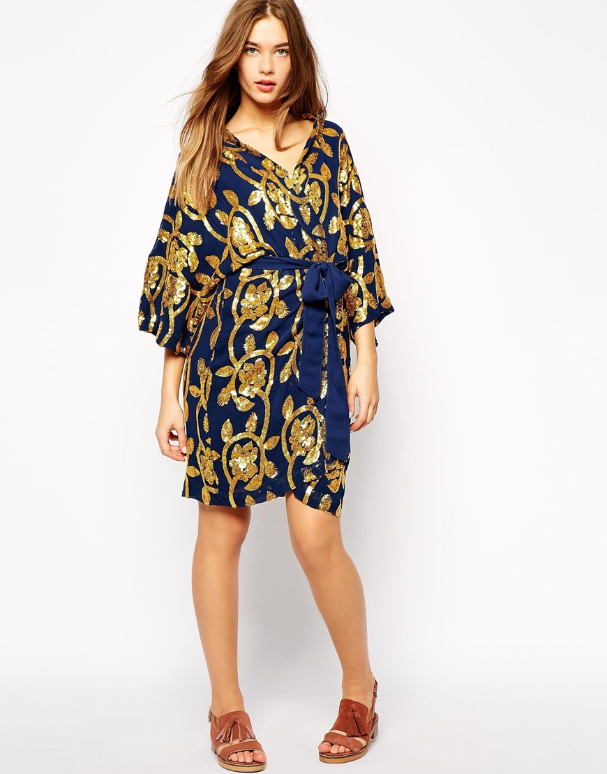 Ganni Gardenia Kimono In Floral Sequins in Blue - Lyst