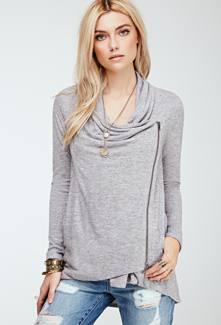 Lyst - Forever 21 Draped Asymmetrical Zippered Cardigan in Gray