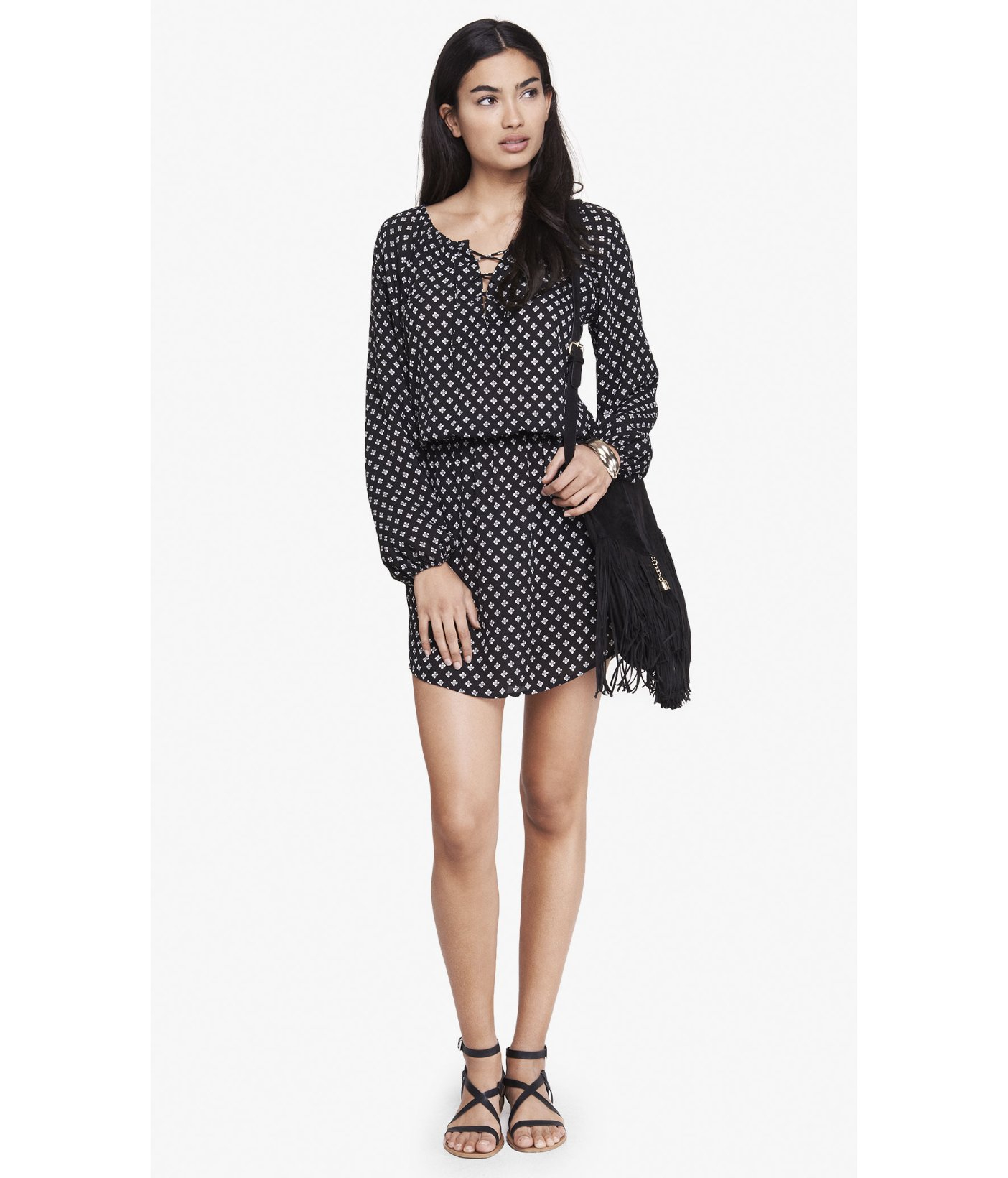 Express Printed LaceUp Long Sleeve Drop Waist Dress in Black (PRINT