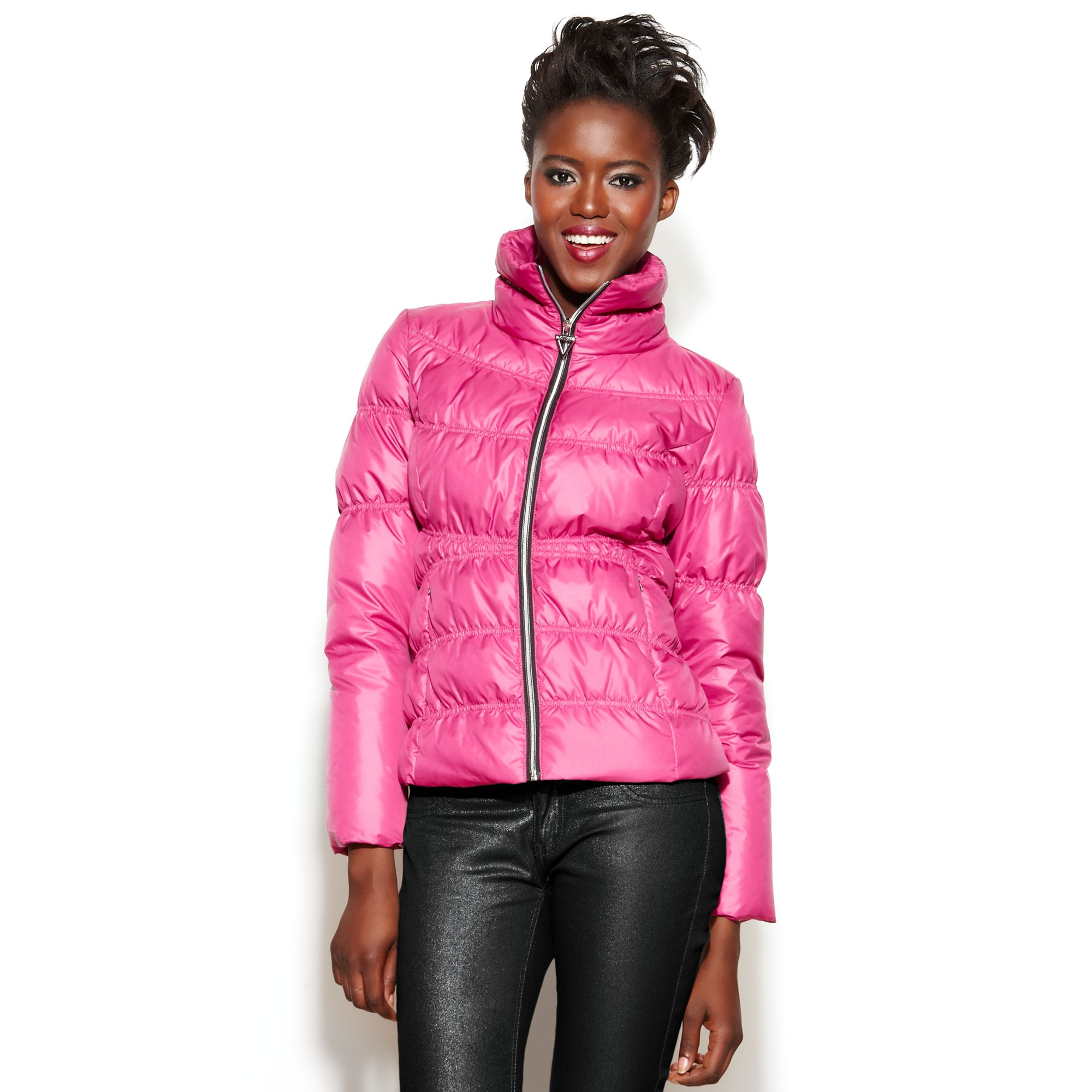 Guess Coat Funnelneck Quilted Puffer in Pink Lyst