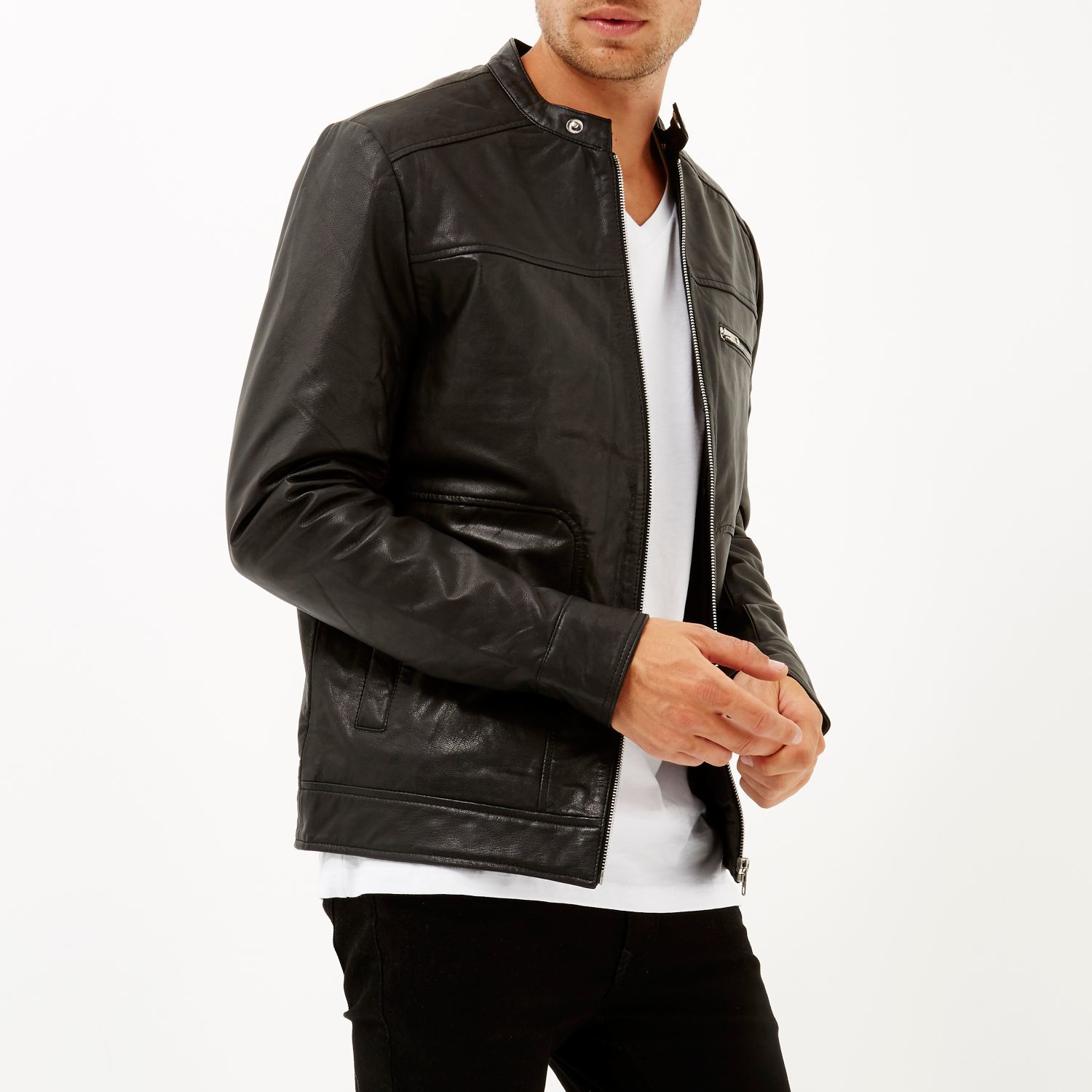 River Island Black Leather Racer Biker Jacket For Men Lyst