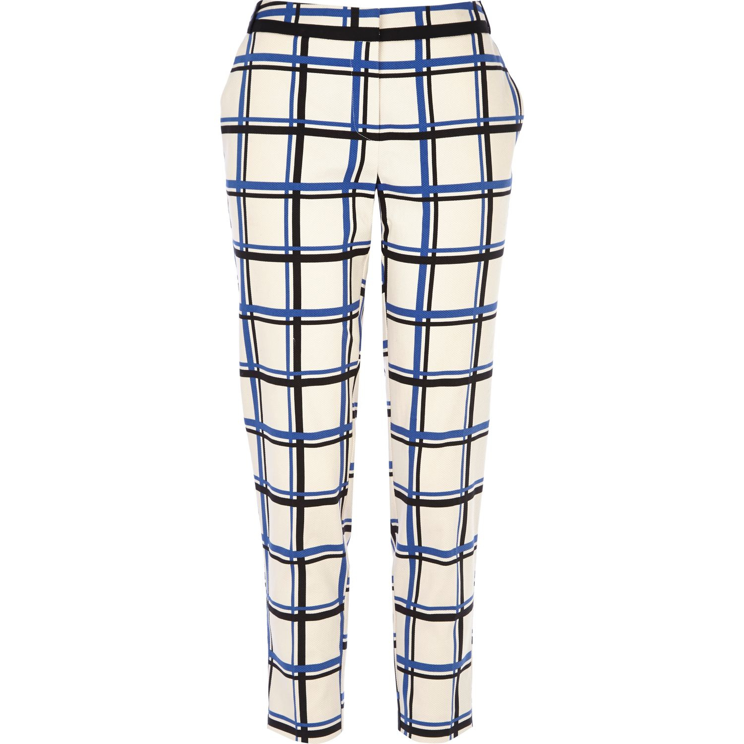 blue and white check pants