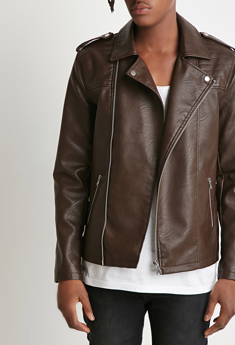 Lyst - Forever 21 Faux Leather Moto Jacket in Brown for Men