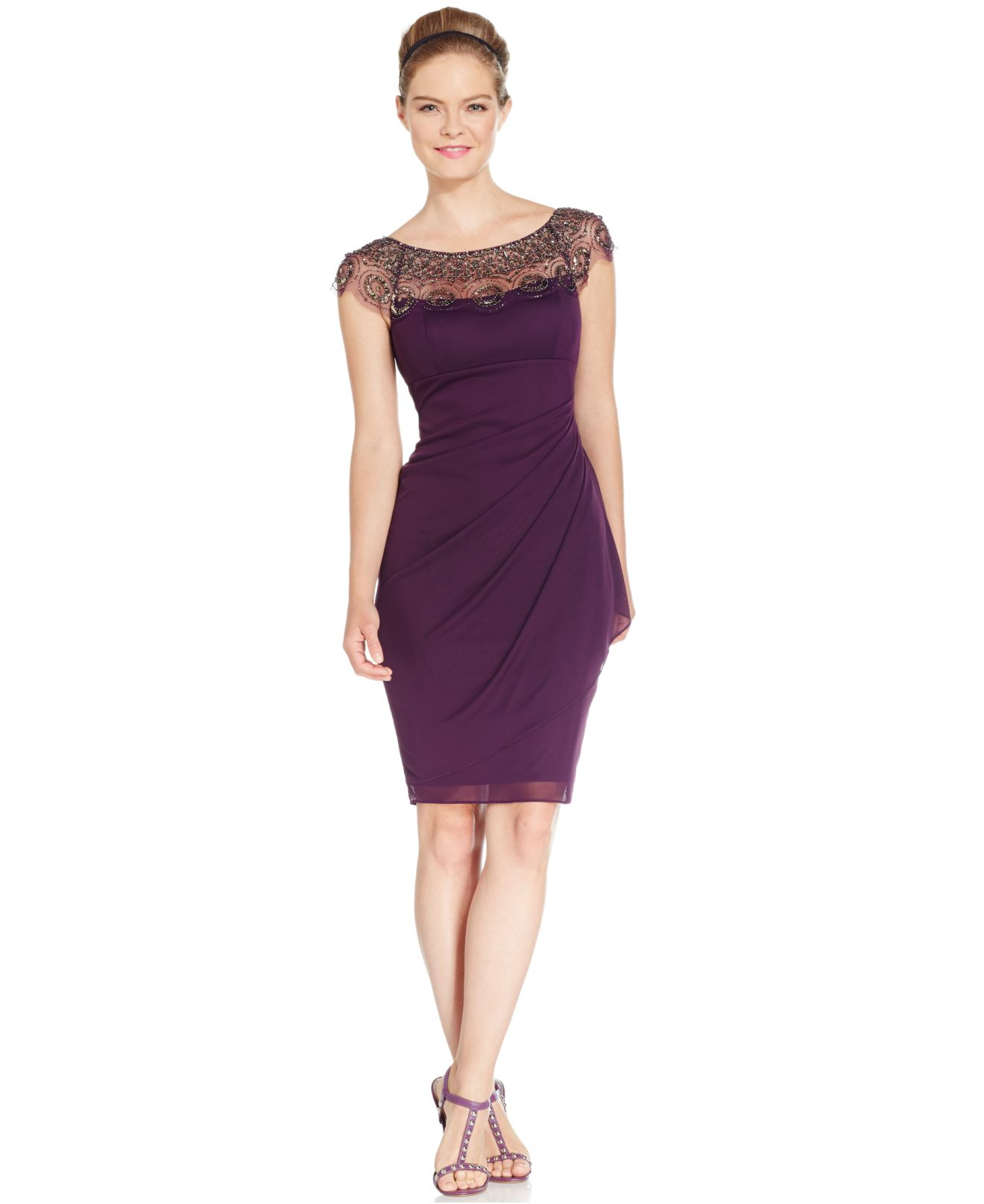 Xscape Cap-sleeve Illusion Beaded Dress in Plum/Antique (Purple) - Lyst