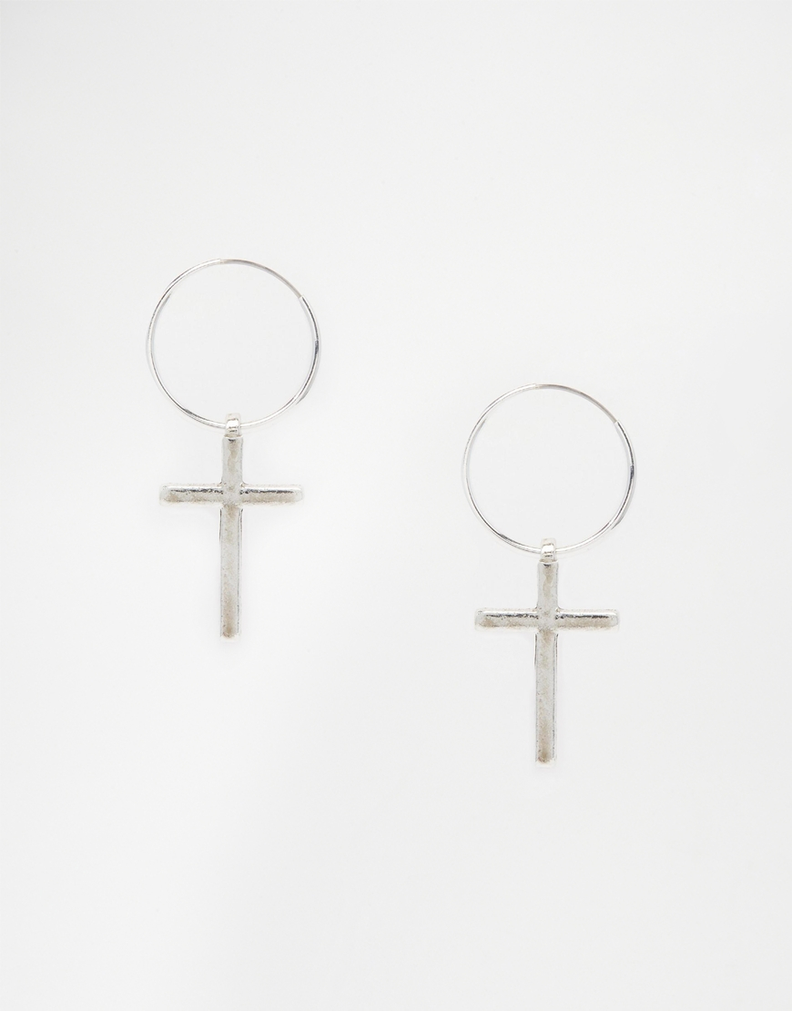 Lyst Asos Cross Charm Hoop Earrings In Metallic Gallery
