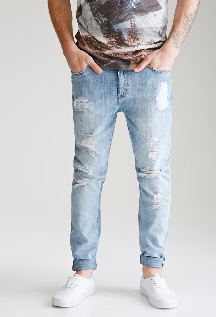 distressed faded jeans