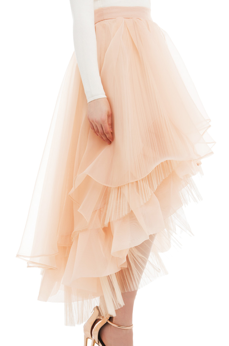 Gracia Sheer Layered Highlow Tulle Skirt in Peach (Pink