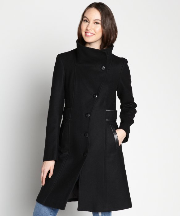 Mackage Black Knit Collar Leather Trim Wool Coat in Black | Lyst