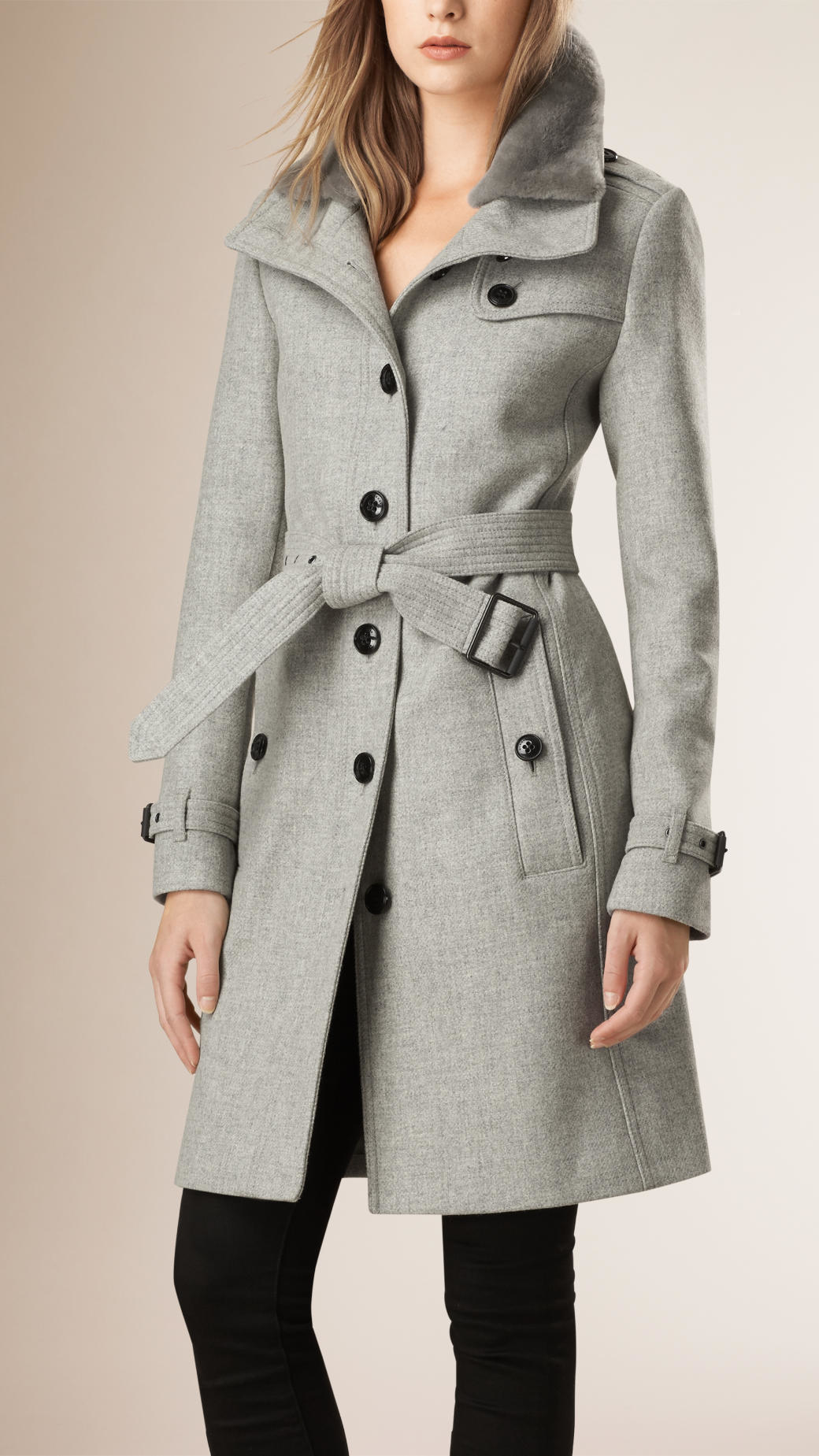 Burberry Wool Blend Trench Coat With Shearling Collar in Pale Grey Melange  (Gray) - Lyst