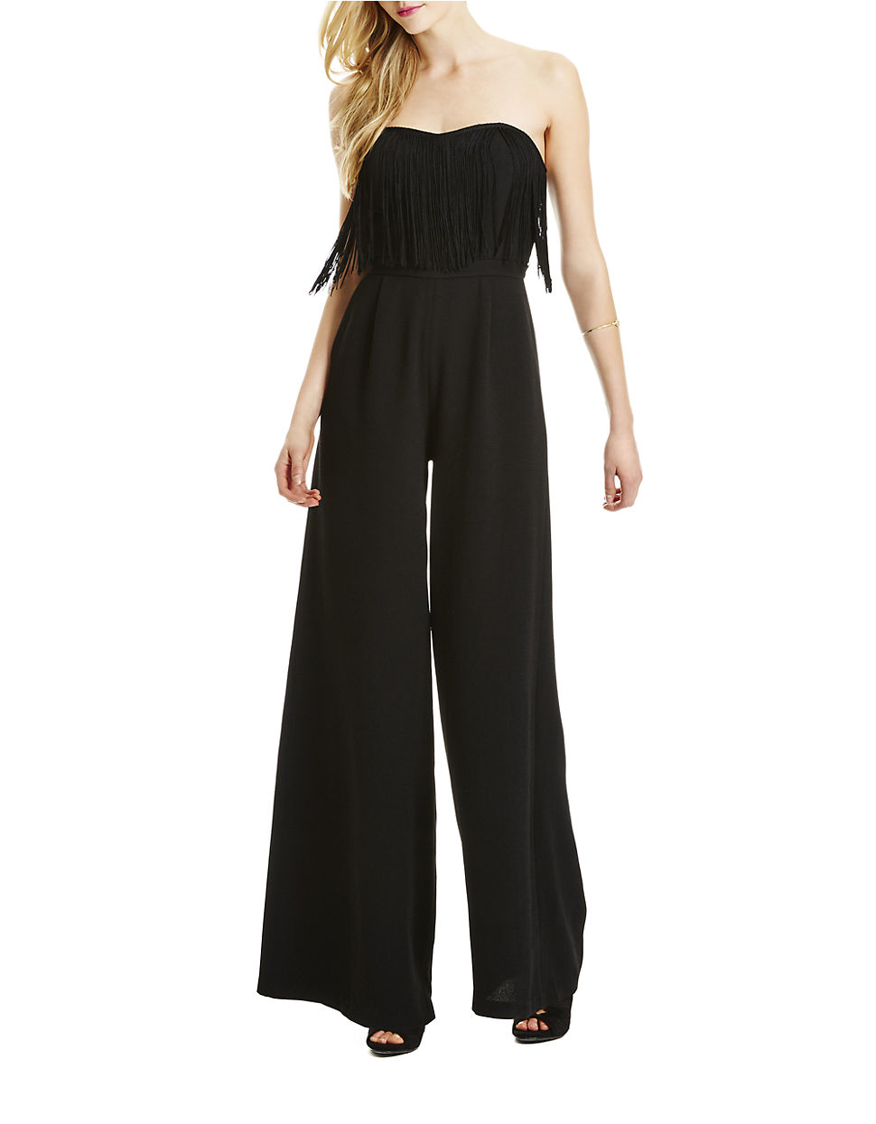 Jessica simpson Fringed Strapless Jumpsuit in Black | Lyst