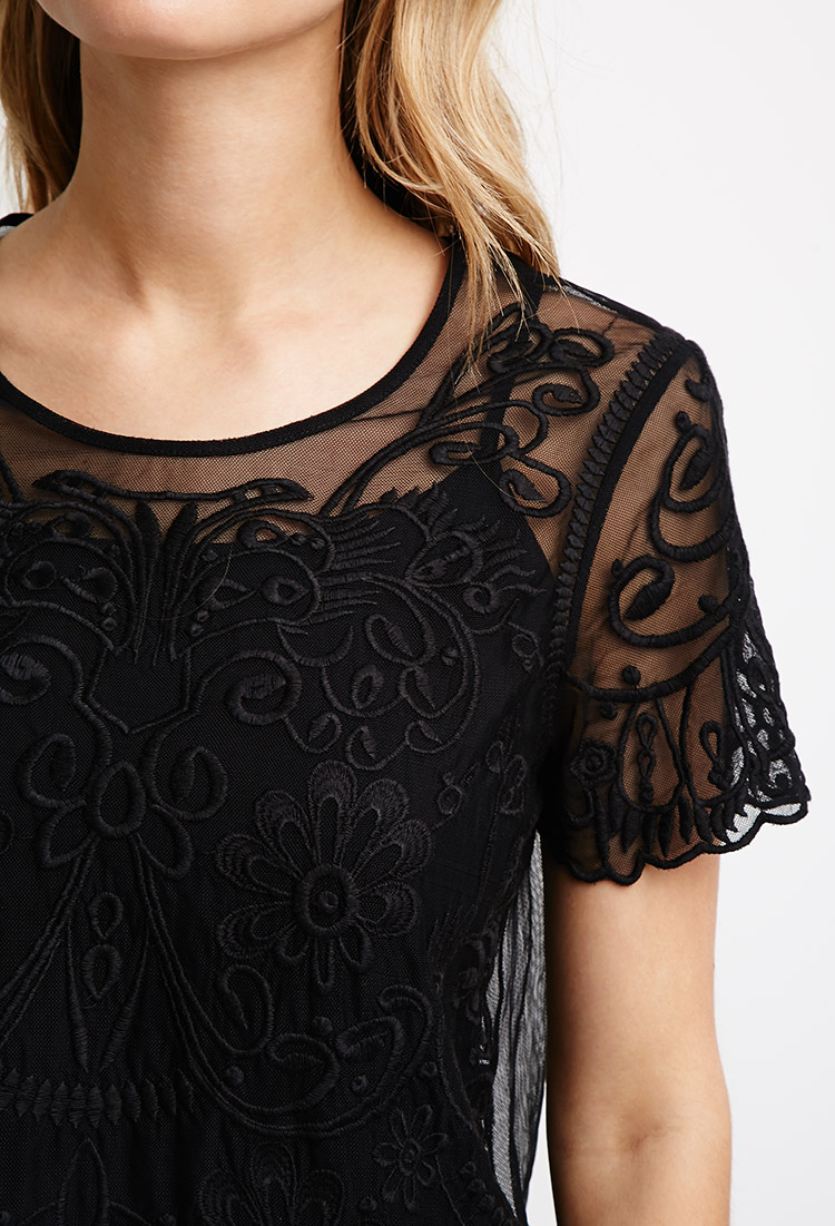 black mesh embroidered top