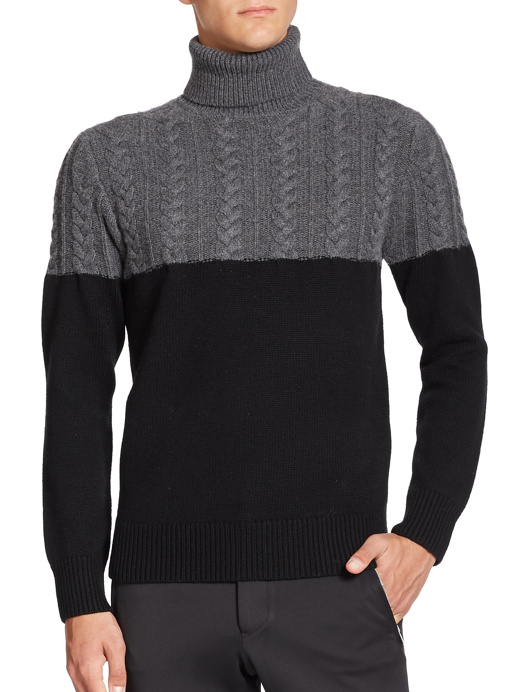 Ovadia and sons Half Cable Knit Turtleneck Sweater in Black for Men (charcoal-black) | Lyst