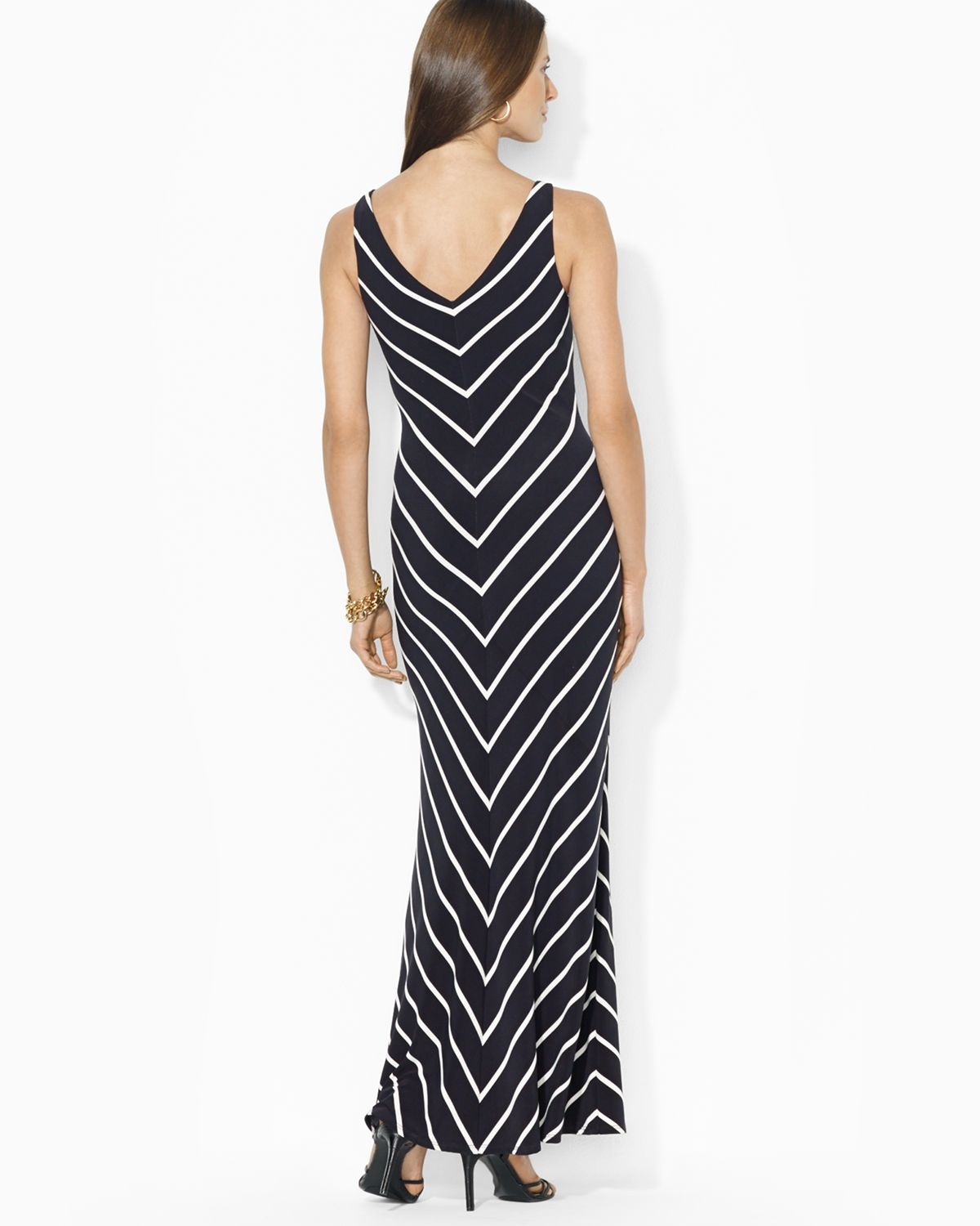 Ralph Lauren Lauren Maxi Dress - V Neck Sleeveless Diagonal Stripe in White  | Lyst