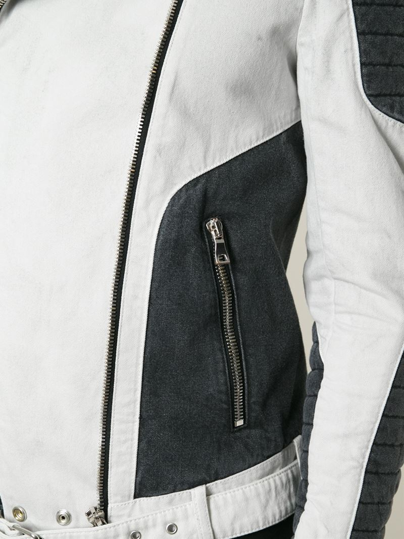 Balmain Contrast Panel Biker Jacket in White (Black) for Men | Lyst