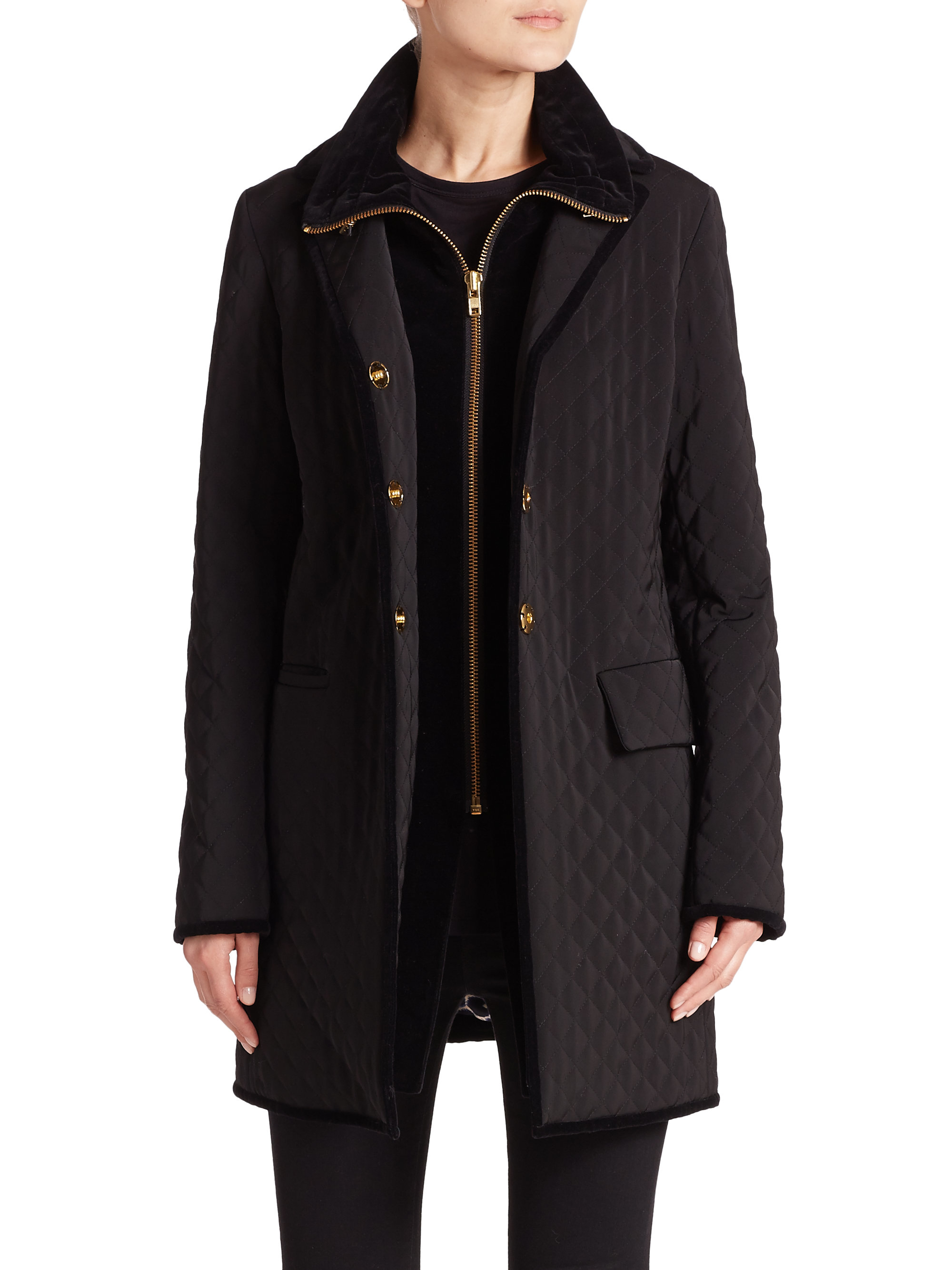 Jane post Quilted Velvet-detail Boy Coat in Black | Lyst