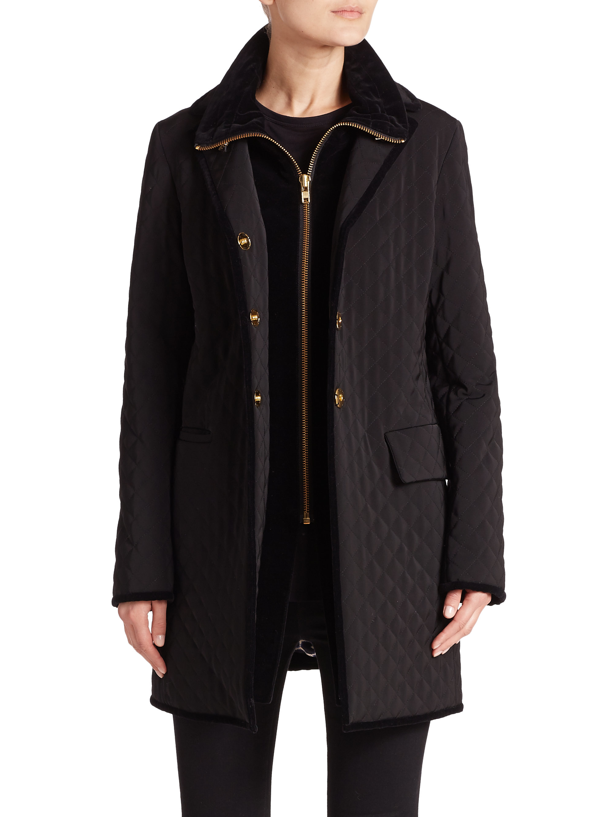 Jane Post Quilted Velvet-detail Boy Coat in Black - Lyst