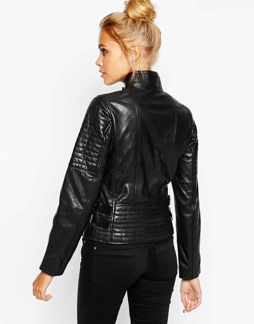 barney's originals leather biker jacket with shoulder quilting detail