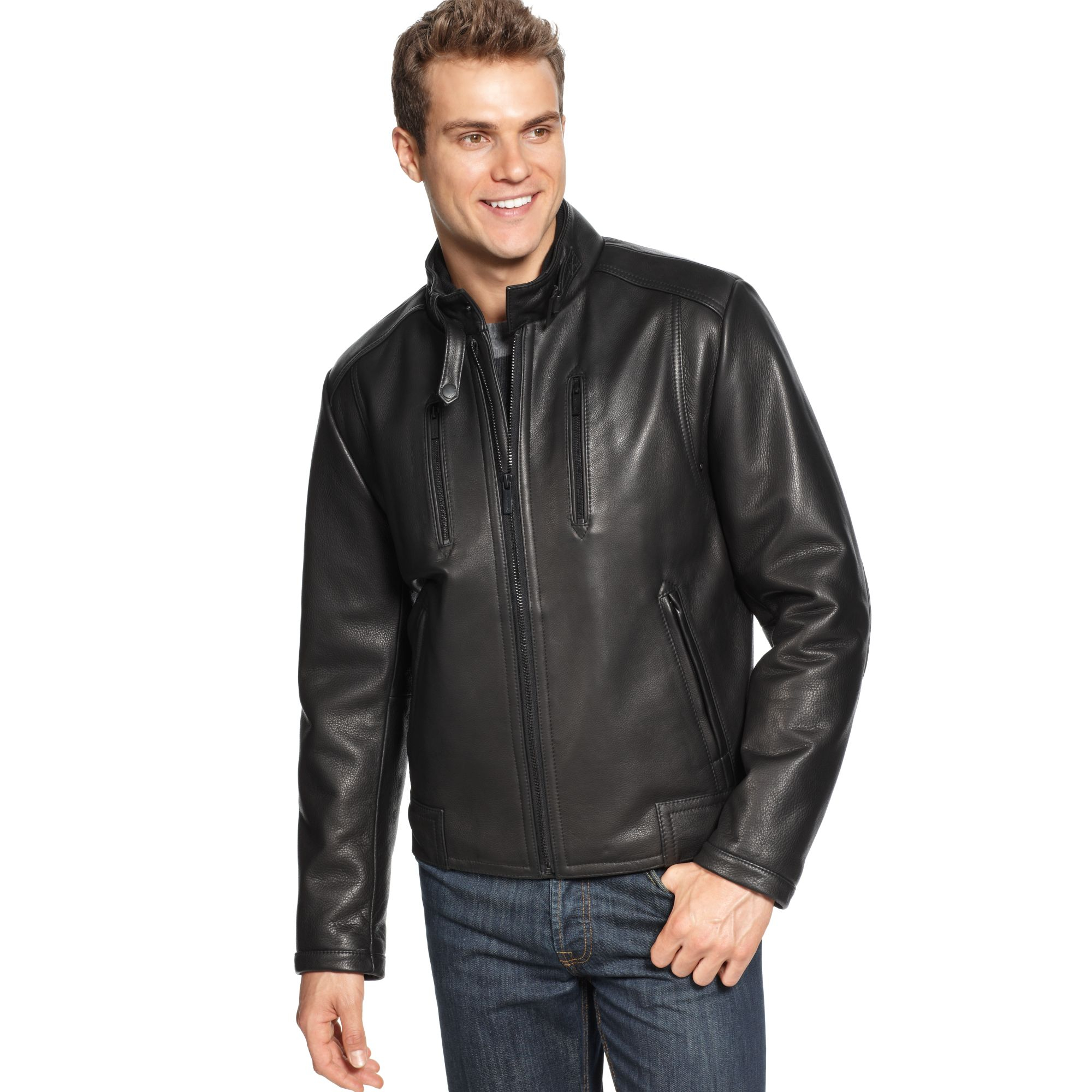 Calvin Klein Leather Motorcycle Jacket in Black for Men | Lyst