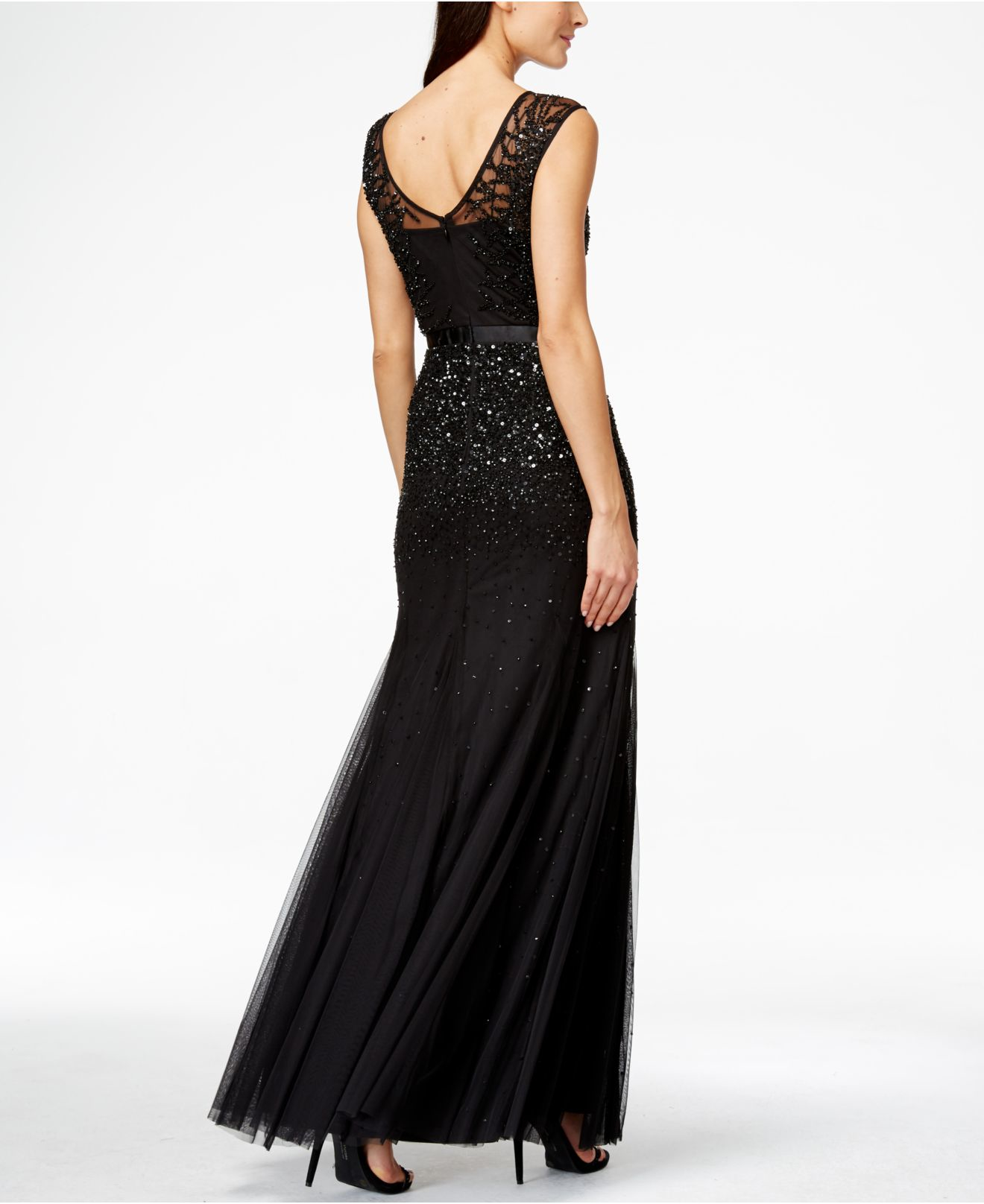 Adrianna Papell Sleeveless Beaded Illusion Gown in Black | Lyst