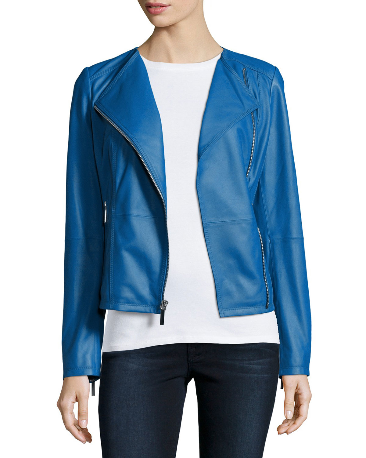 Neiman Marcus Asymmetric Zip Front Leather Jacket In Blue For Men Gallery