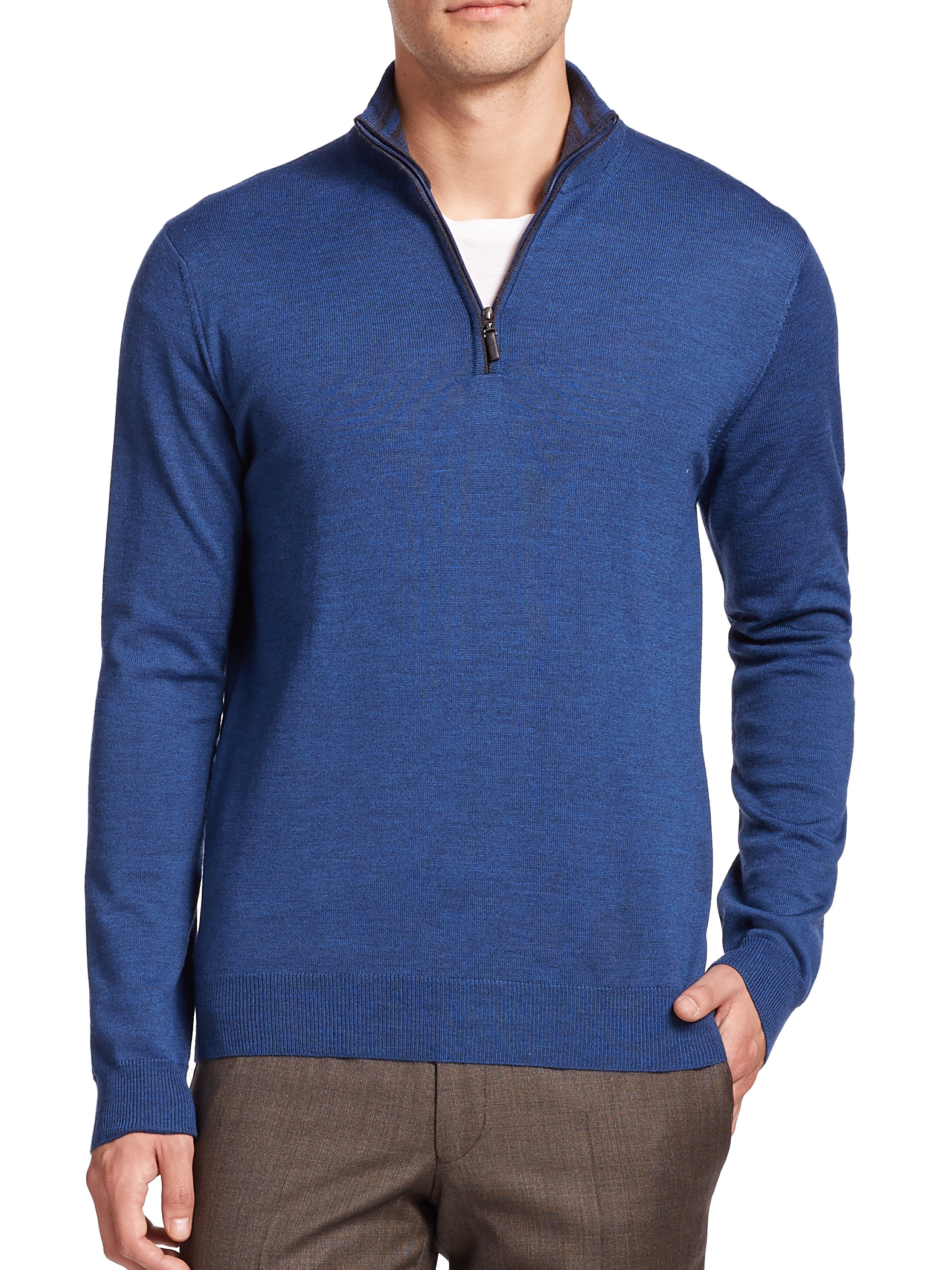 Saks Fifth Avenue Merino Wool Half-zip Sweater in Dark Blue (Blue) for ...